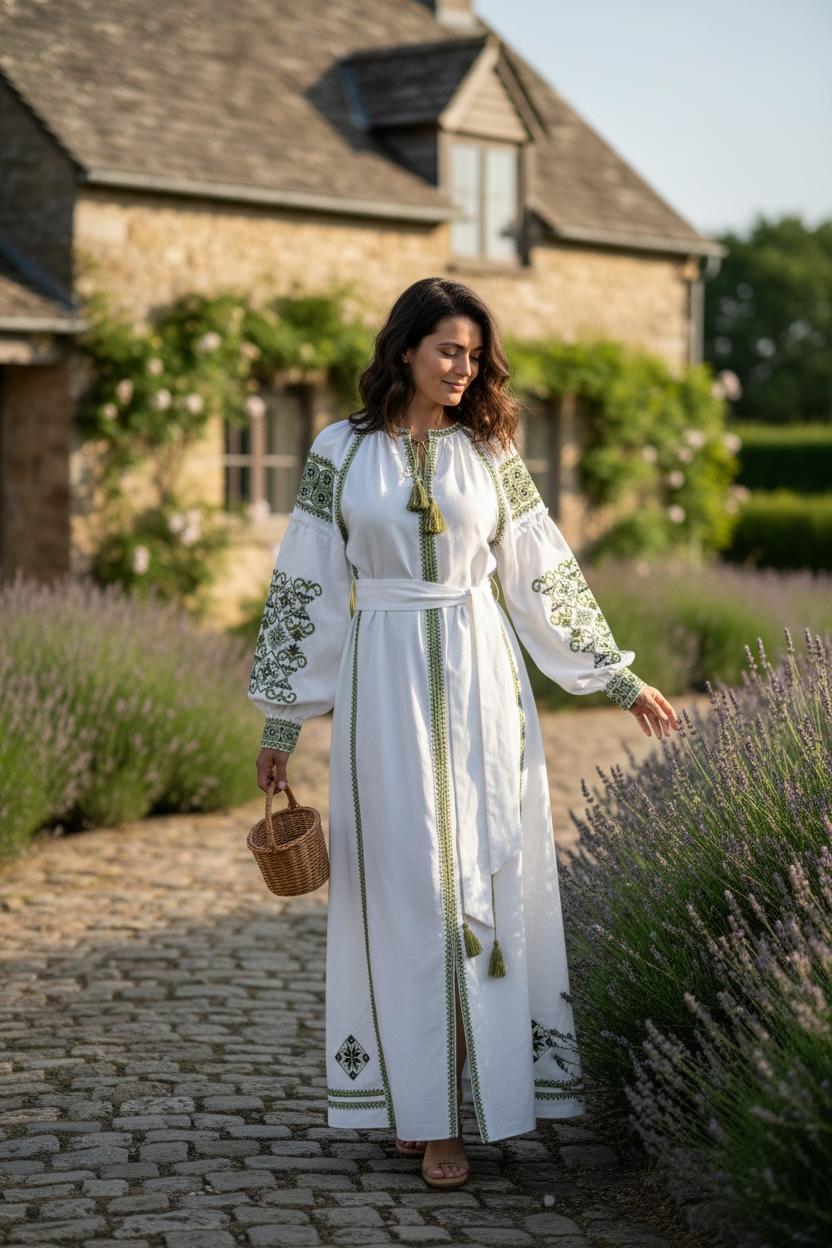 Embroidered dress "Elegance" (white/green)