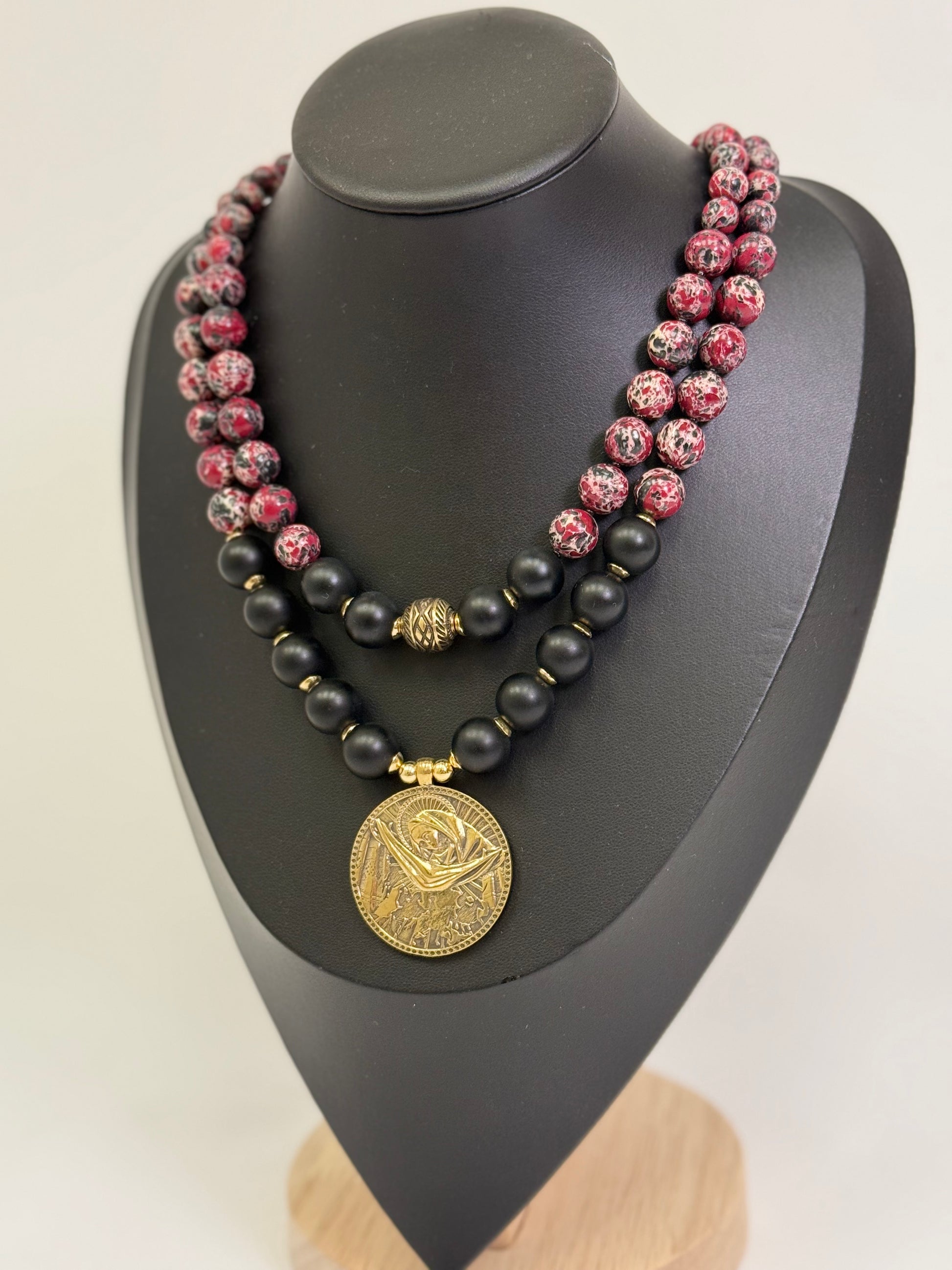 Natural Burgundy-Black Stone Necklace with a Brass Pendant of the "Pokrovy Bohorodytsy"