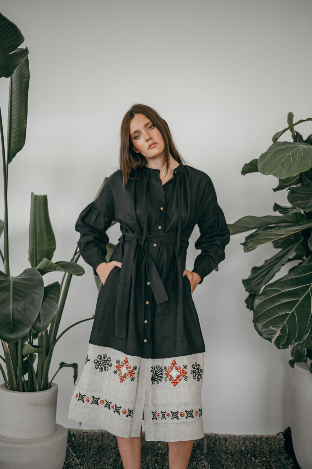 Black Ukrainian Midi Dress with Traditional Block Print