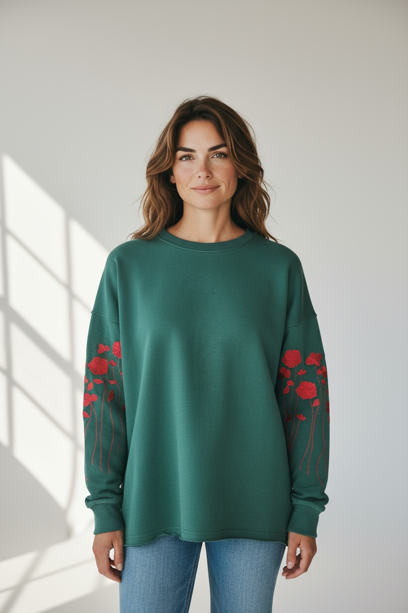 Oversized Sweatshirt With "Flowers" Embroidery And Raw Hem