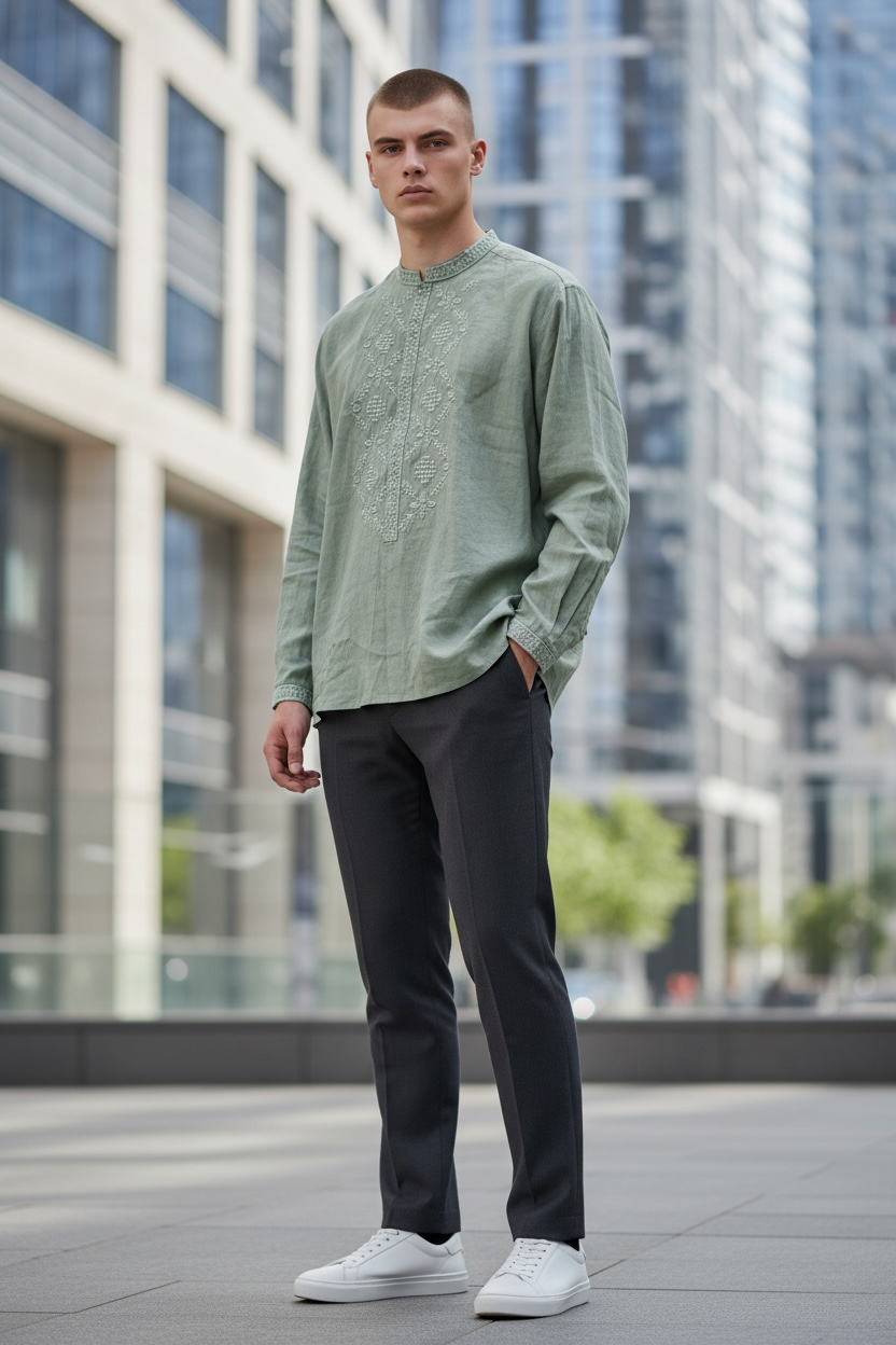 Men’s Khaki Linen Embroidered Shirt