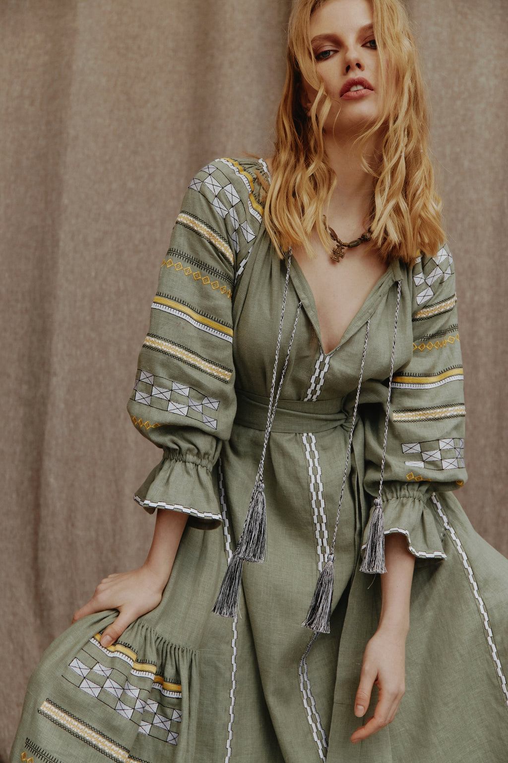 “Aurora” Embroidered Linen Maxi Dress