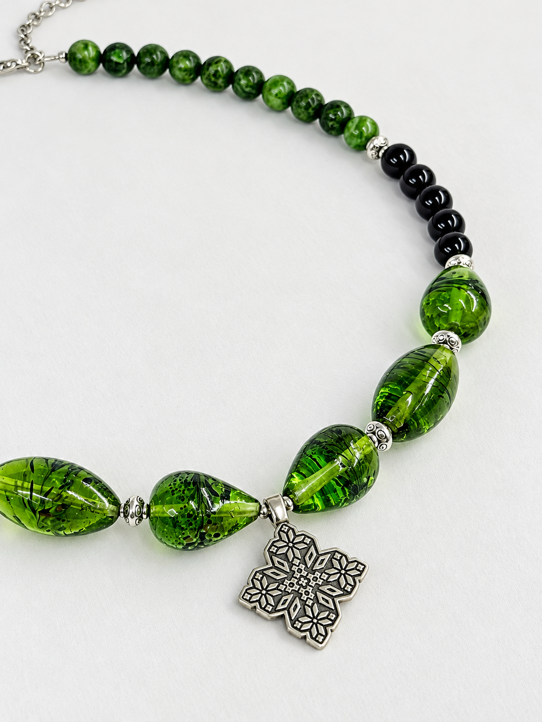 Jade, Black Agate & Murano Glass Necklace with German Silver Pendant