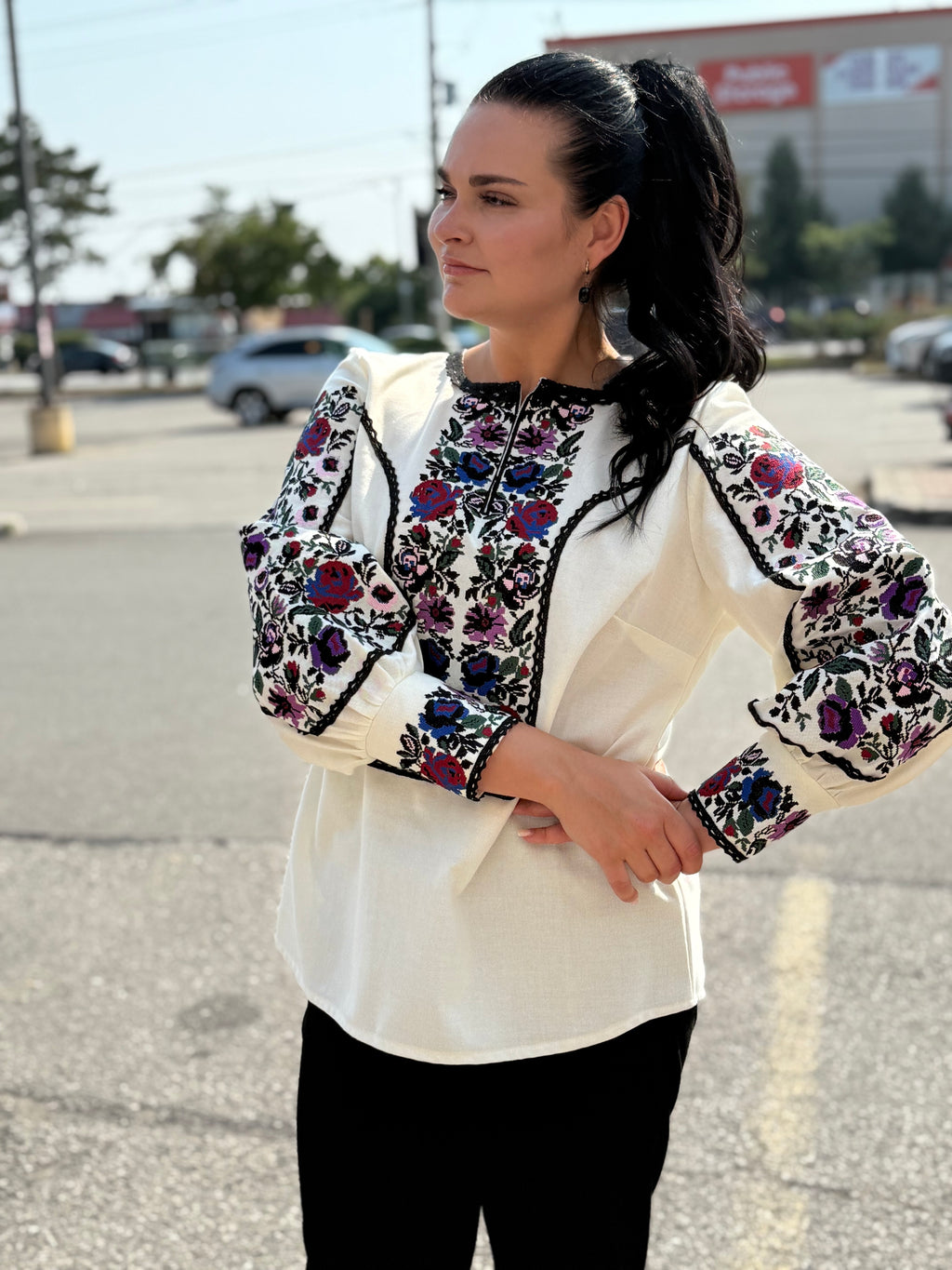 Women’s Embroidered Shirt "Kucheriava" – Crem Ukrainian Vyshyvanka with Floral Motifs