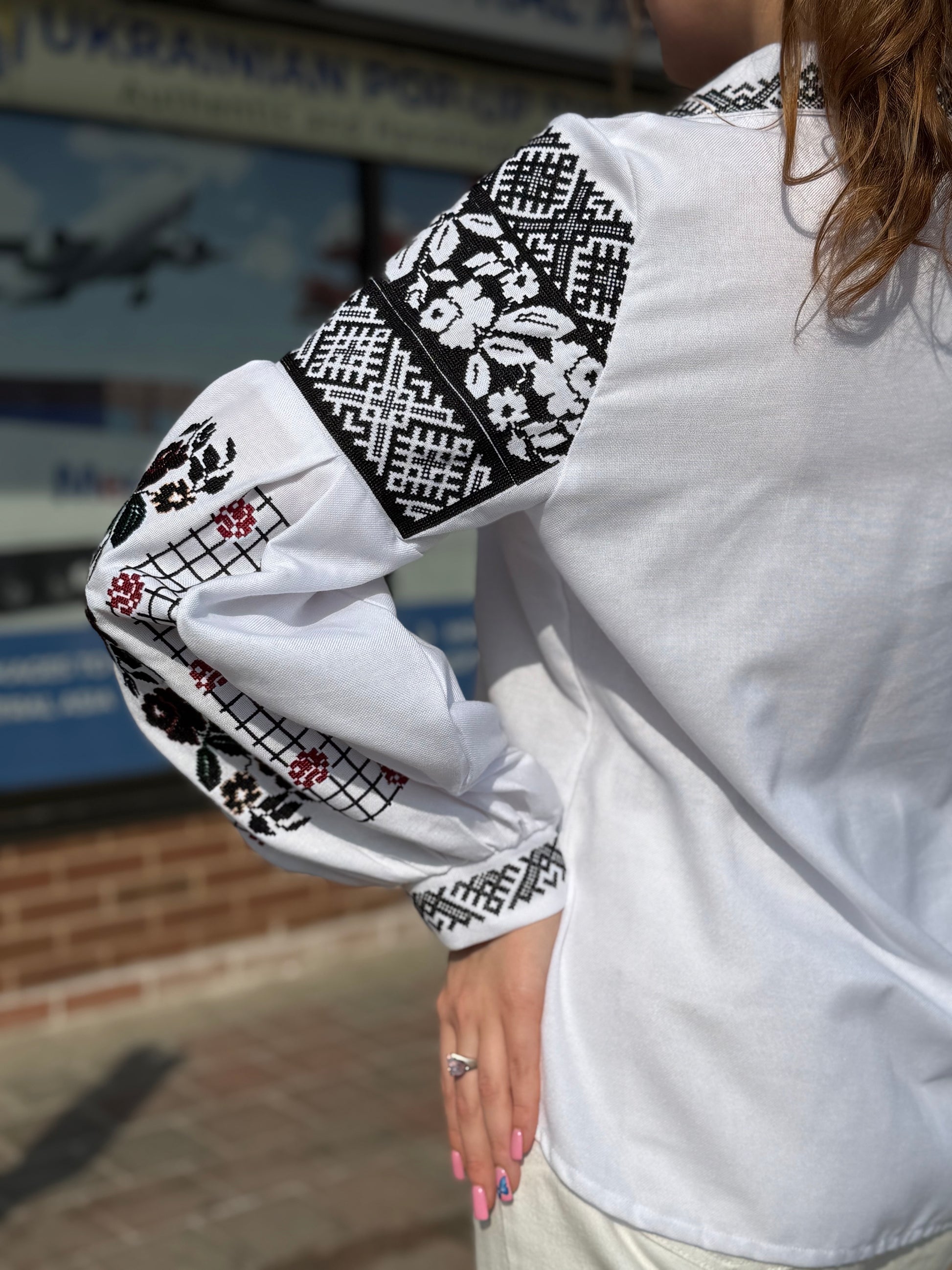 Women’s Embroidered Shirt "Transparent Flowers" – White Ukrainian Vyshyvanka with Delicate Floral Motifs