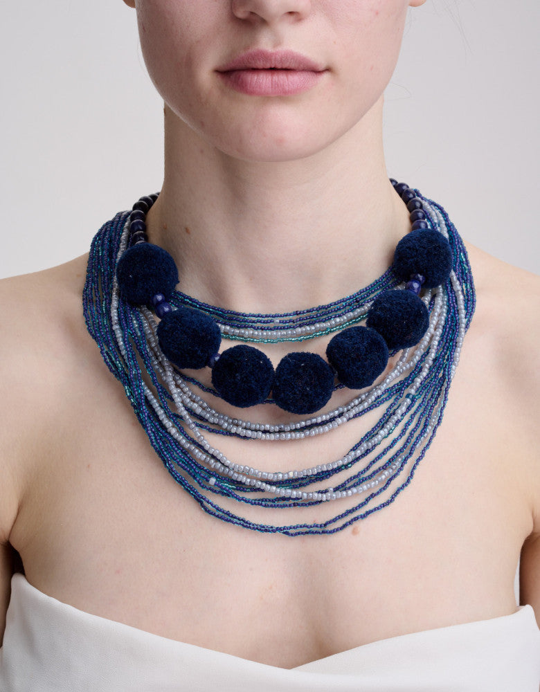 Blue Beaded Necklace with Tassels