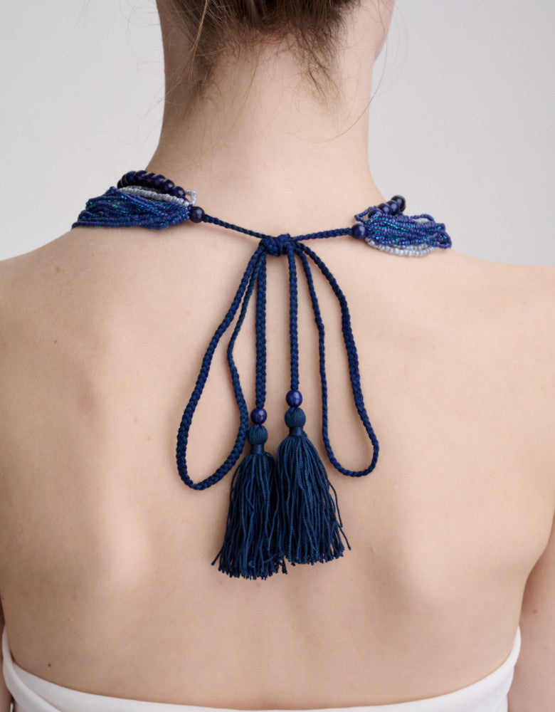 Blue Beaded Necklace with Tassels