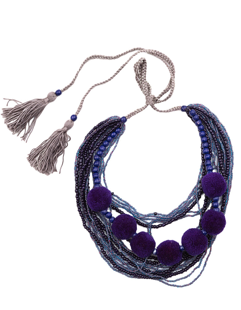Blue Beaded Necklace with Tassels