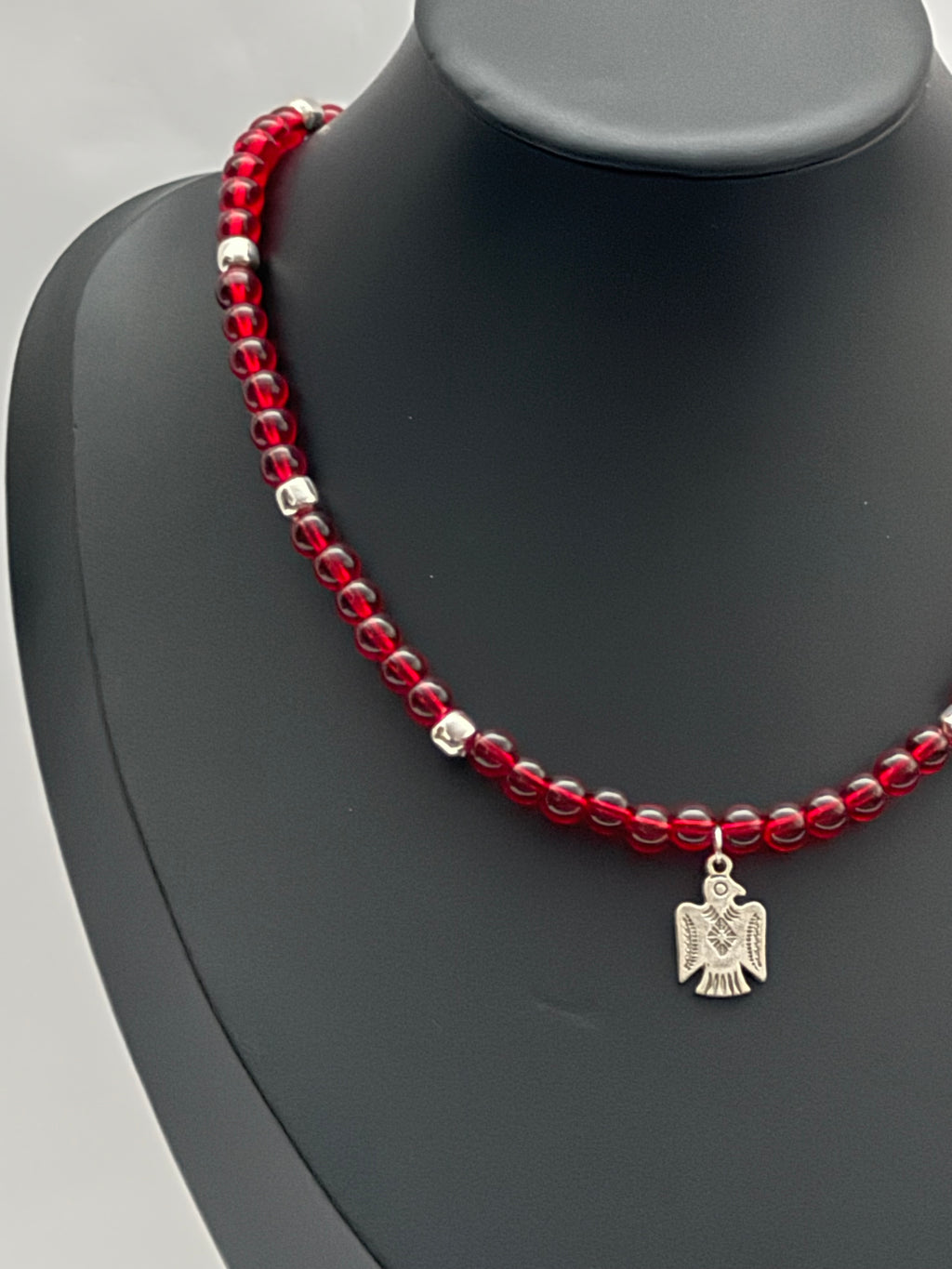 Red Glass Bead Necklace with Falcon Pendant | Single Strand