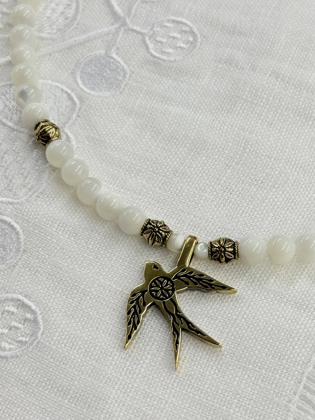 Mother of Pearl Necklace with “Swallow” Brass Pendant