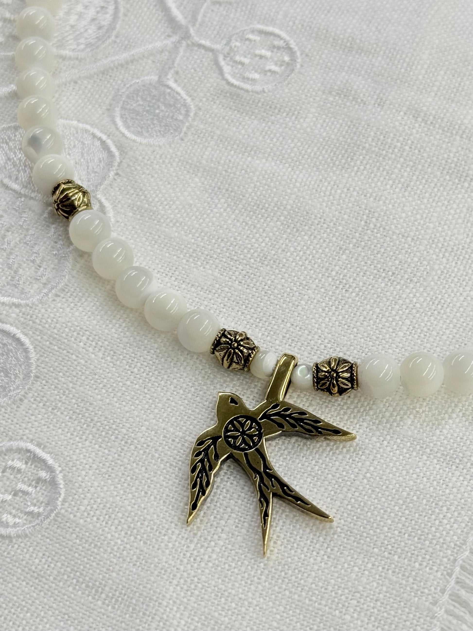 Mother of Pearl Necklace with “Swallow” Brass Pendant