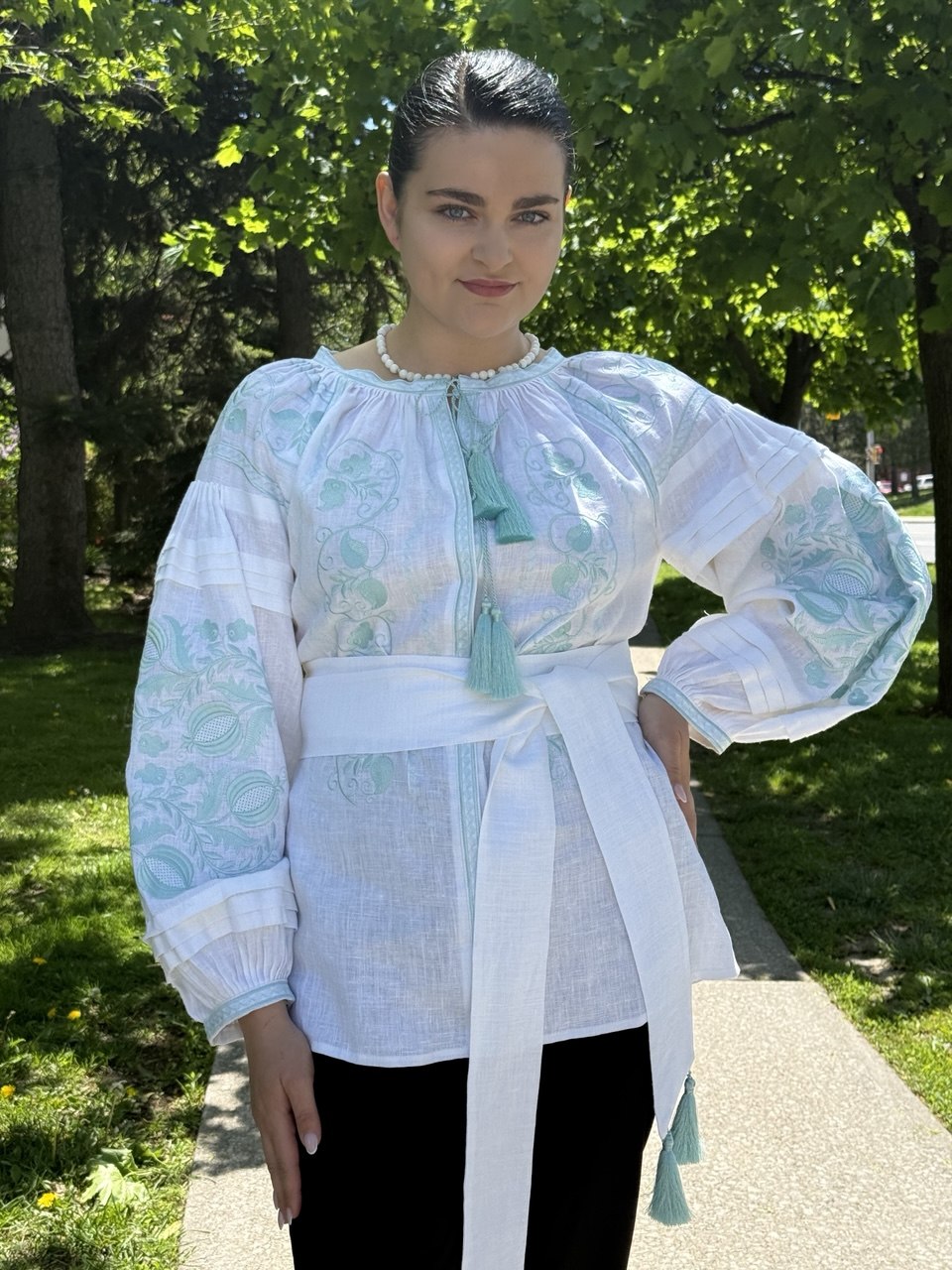 Women's White Embroidered Blouse with Mint Floral Embroidery & Belt