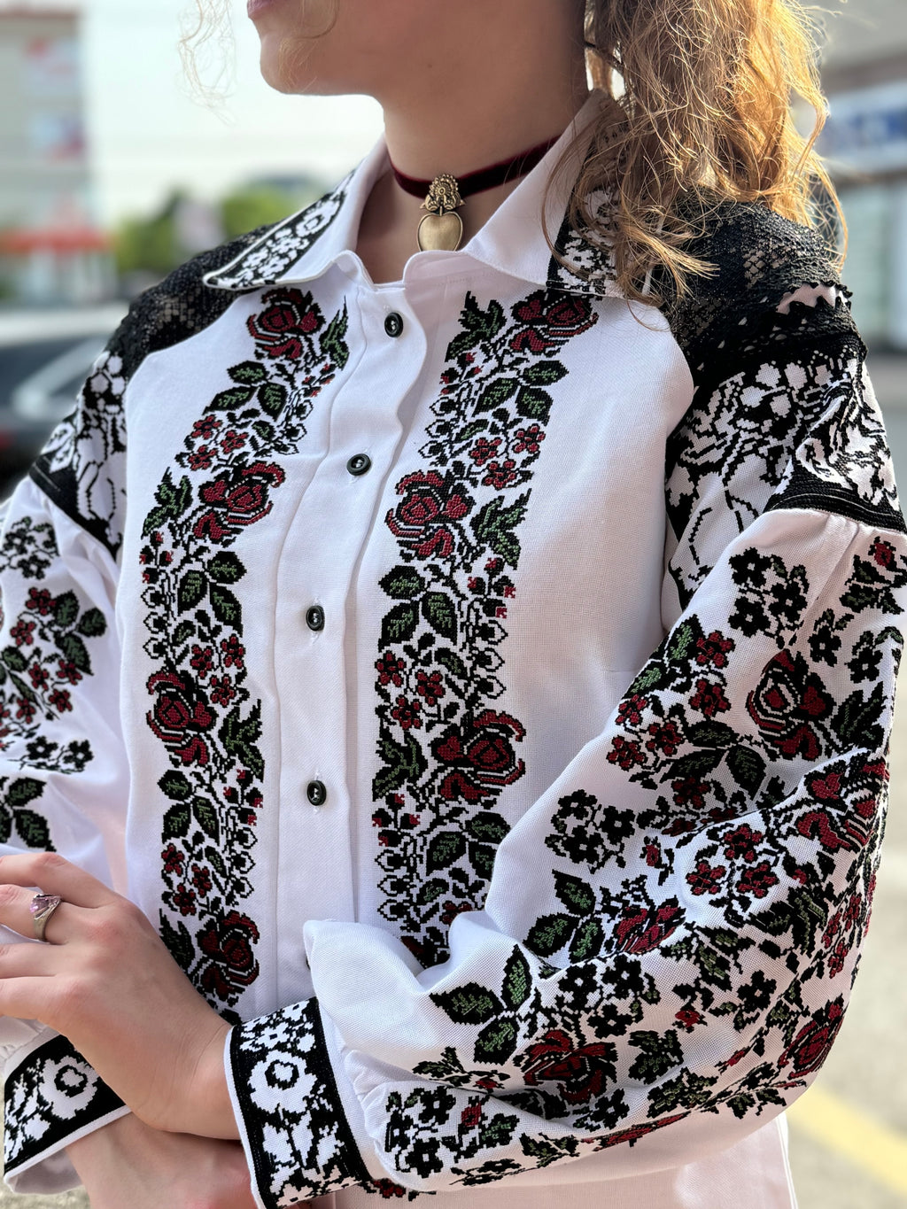 Women’s Embroidered Shirt "Ruta" – Ukrainian Vyshyvanka with Collar and Lace Accents