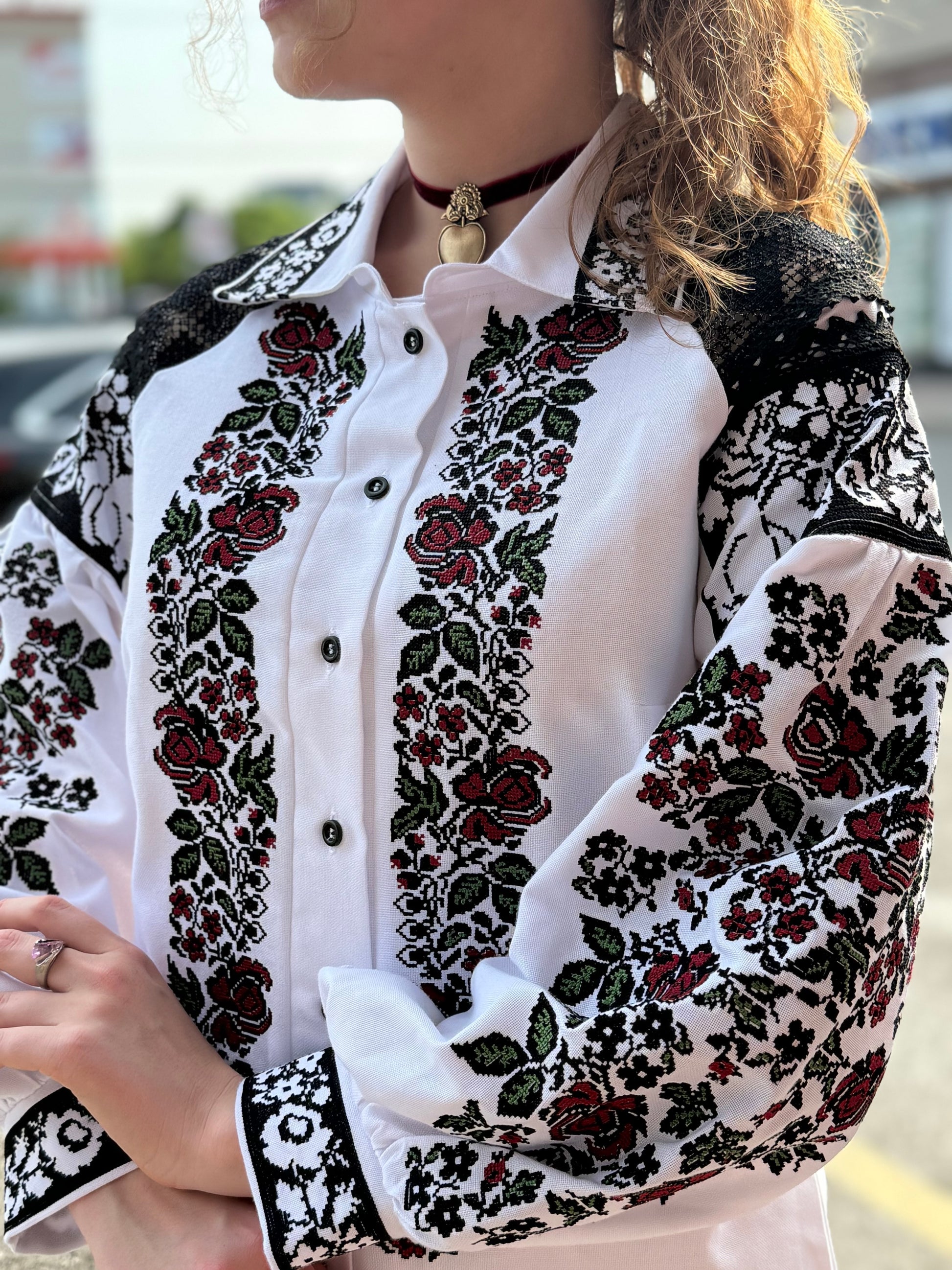 Women’s Embroidered Shirt "Ruta" – Ukrainian Vyshyvanka with Collar and Lace Accents