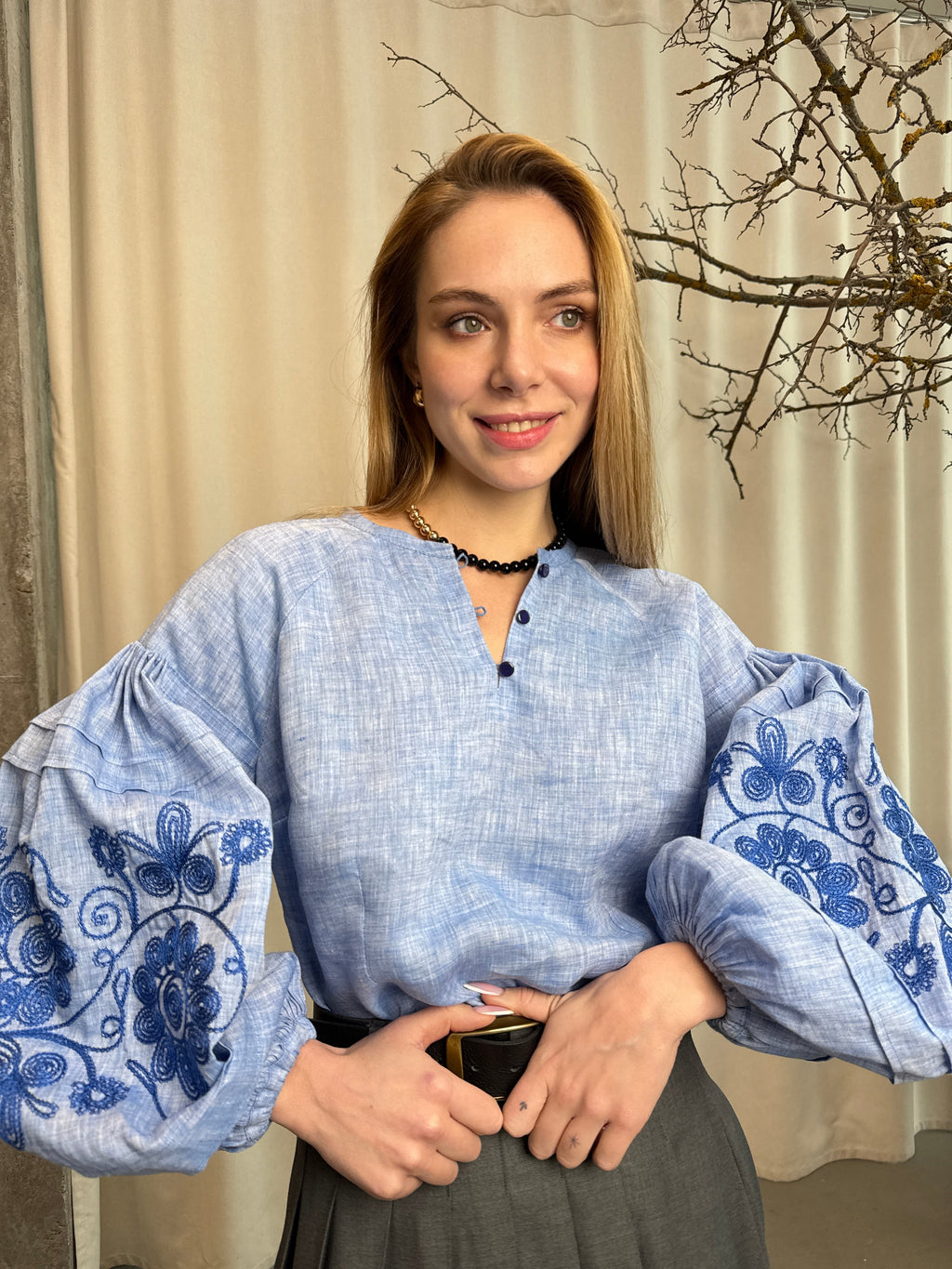 Linen Blouse “Oksana” in Light Blue