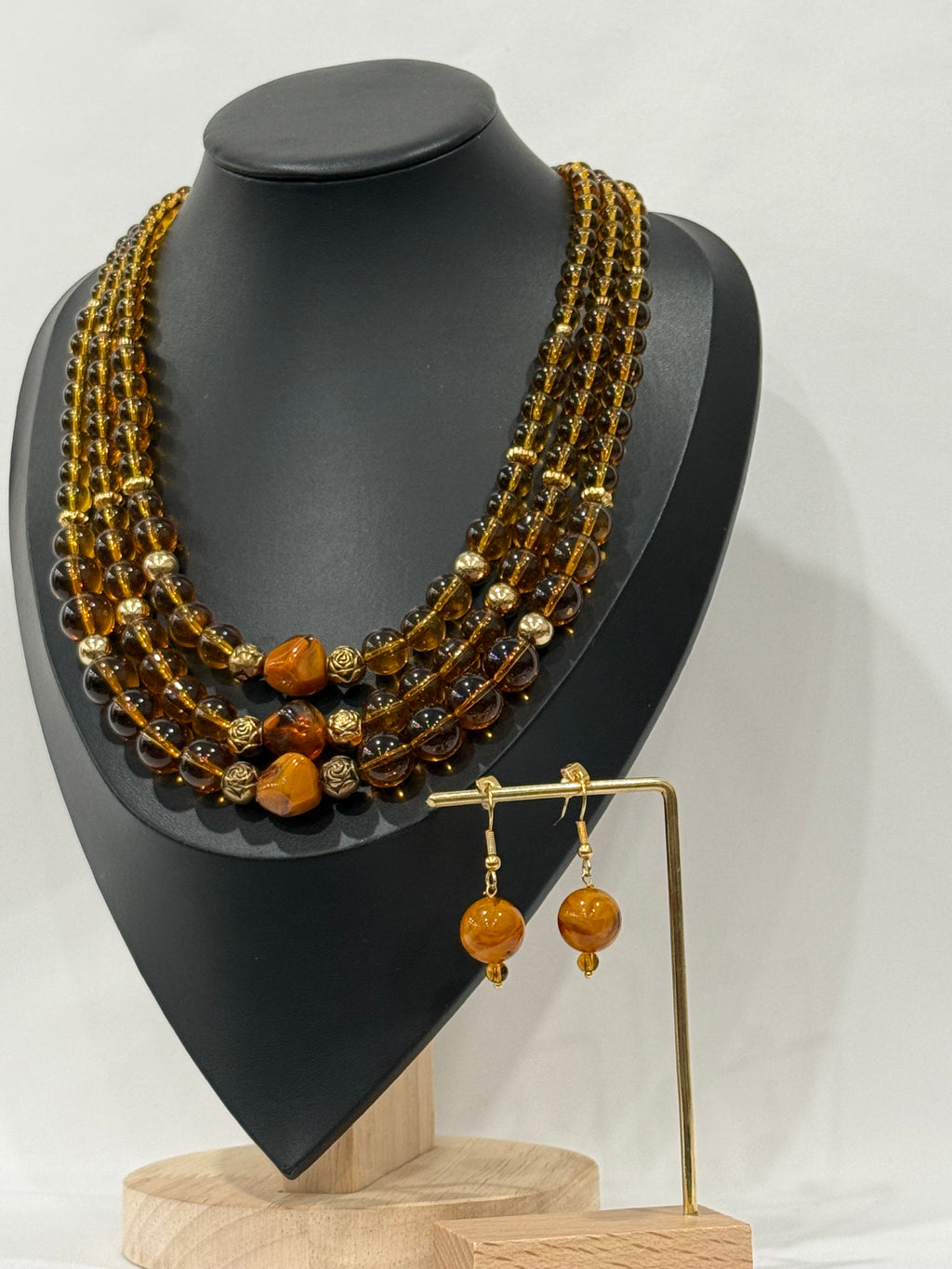 Triple-Strand Amber-Colored Necklace | Necklace & Earrings Set