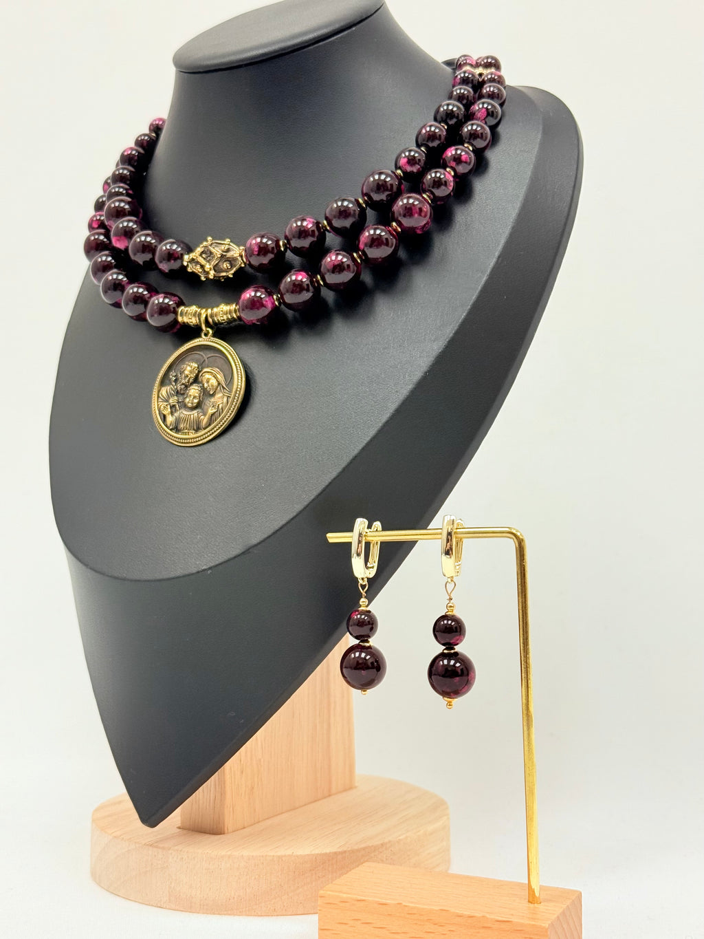Two-Strand Pink-Brown Jasper Choker with Brass Holy Family Pendant