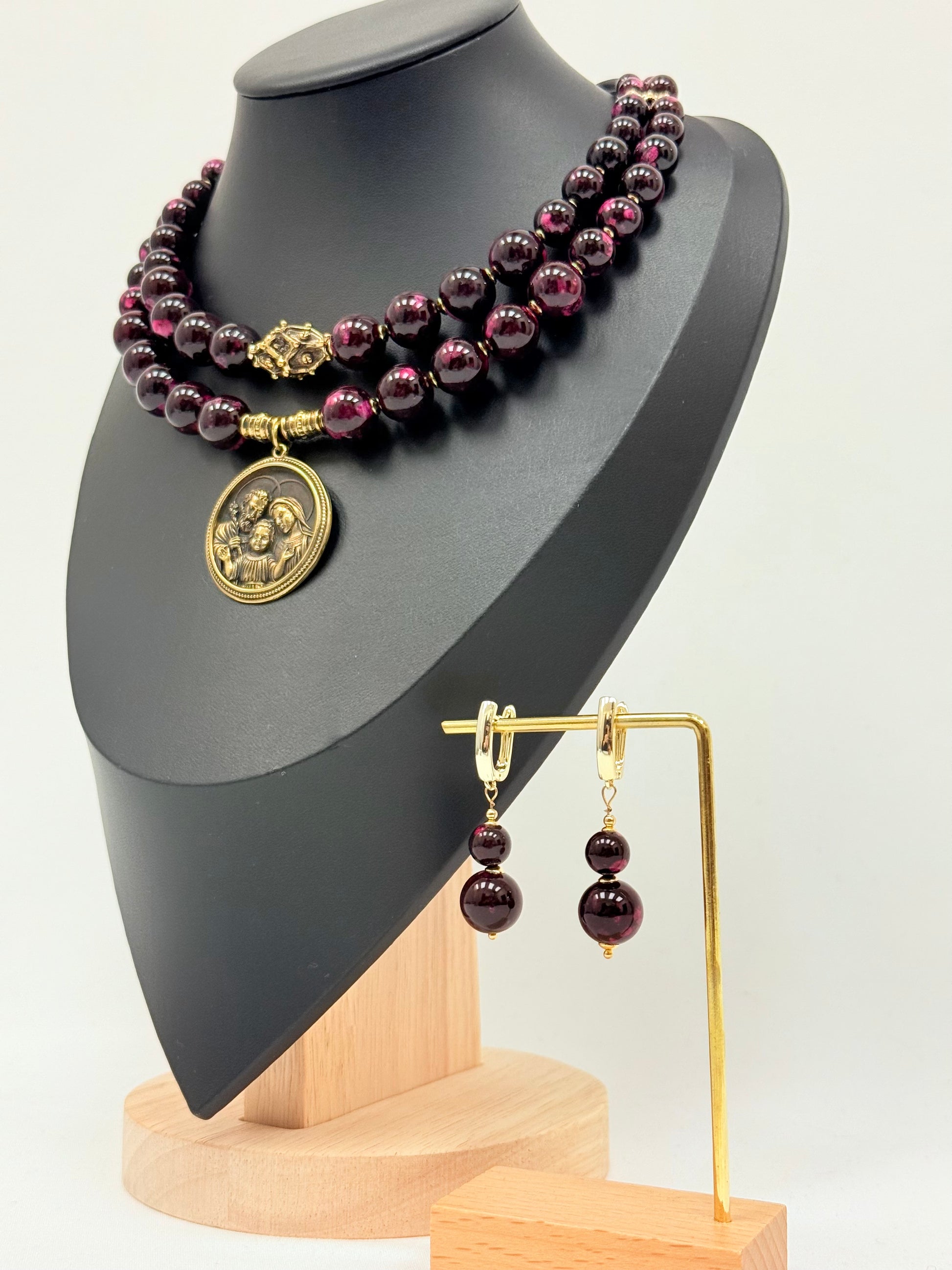 Two-Strand Pink-Brown Jasper Choker with Brass Holy Family Pendant