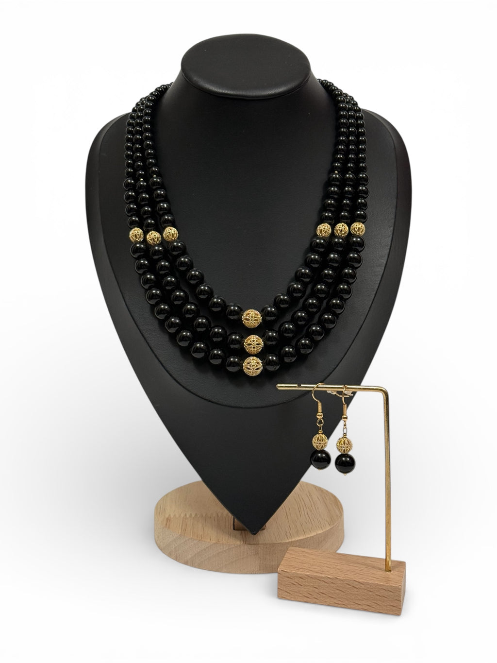 Triple-Strand Black Onyx Necklace with Earrings | Three Strands
