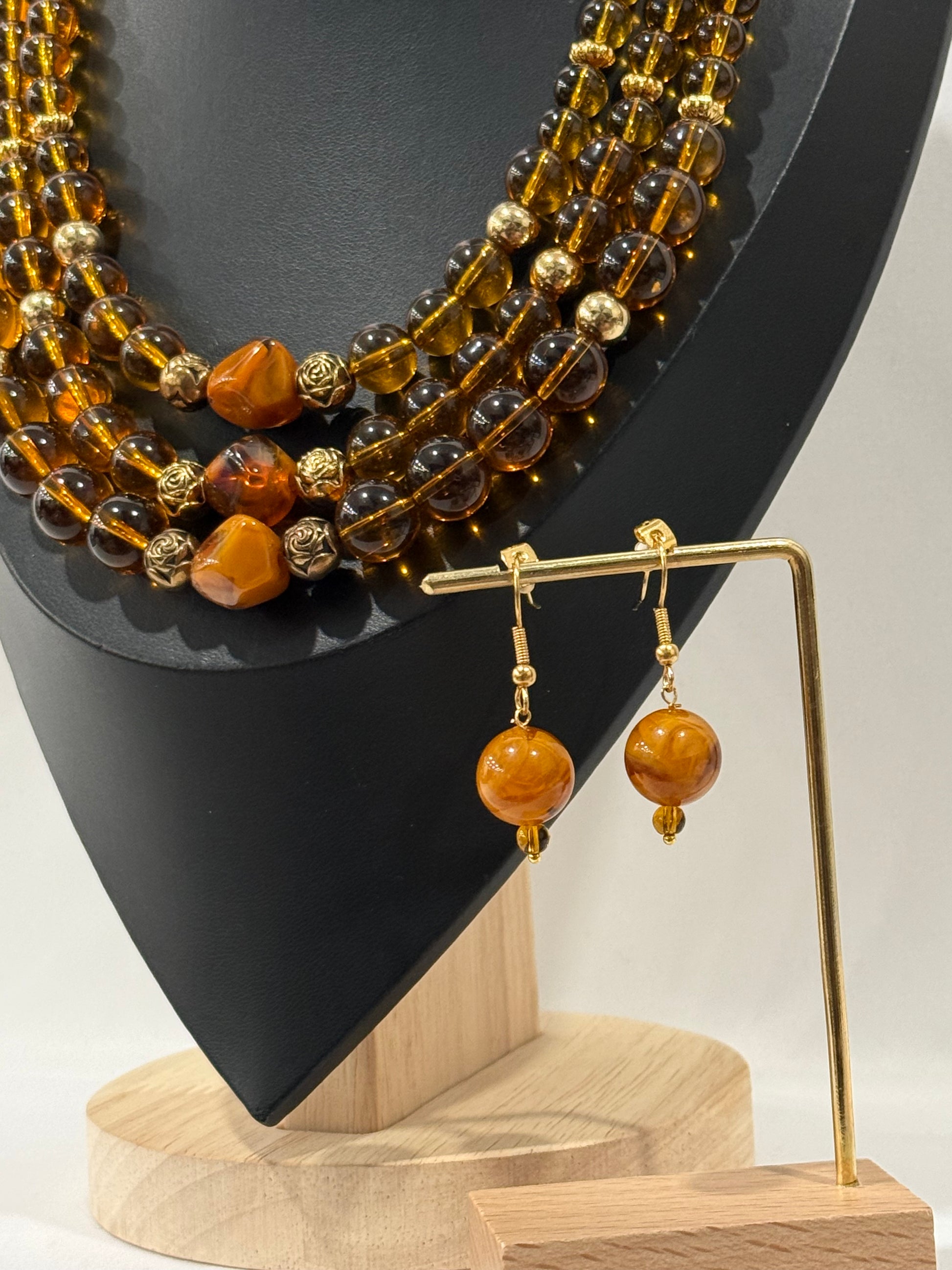 Triple-Strand Amber-Colored Necklace | Necklace & Earrings Set