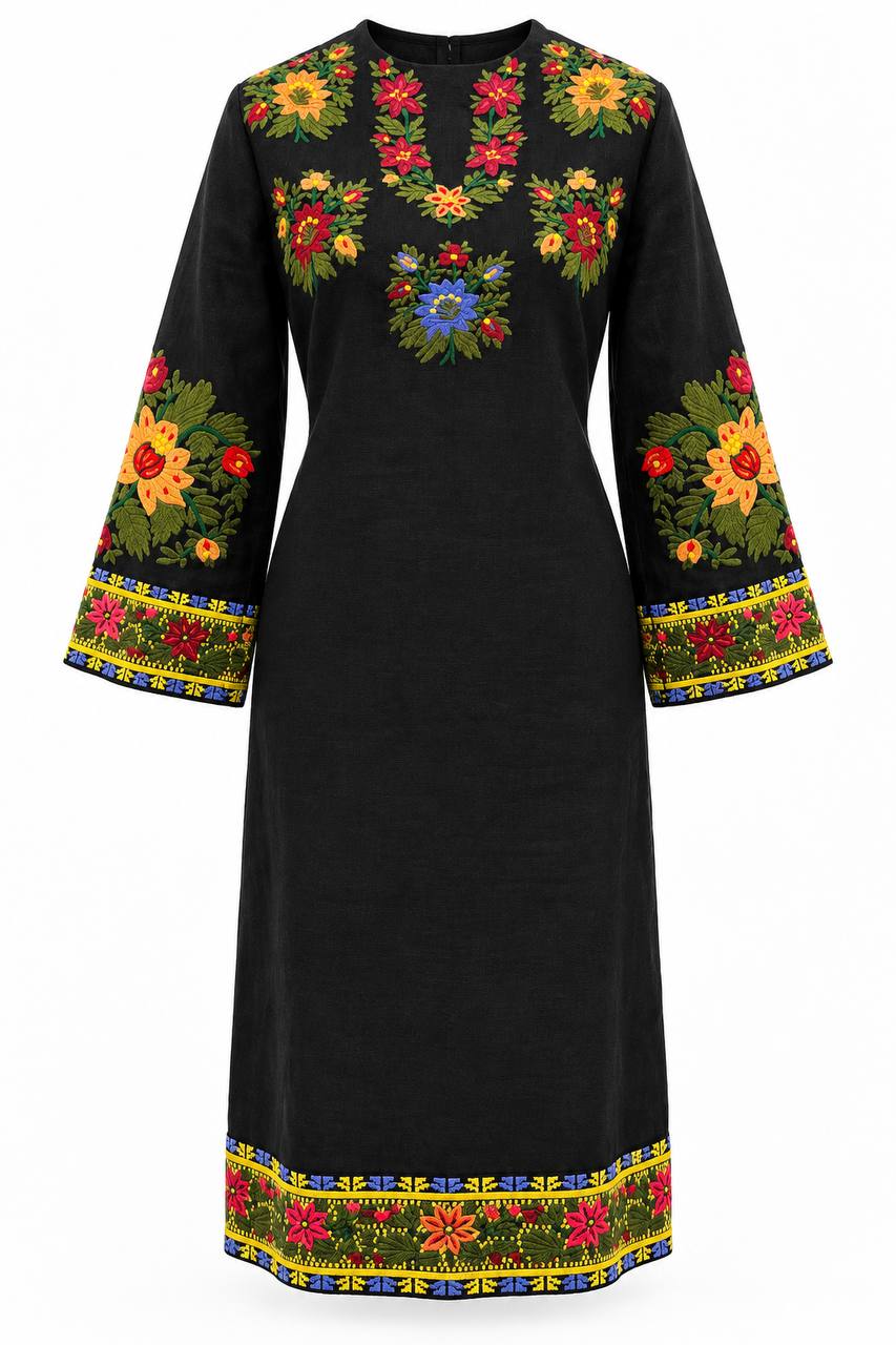 Black Ukrainian Embroidered Midi Dress with Colourful Floral Embroidery