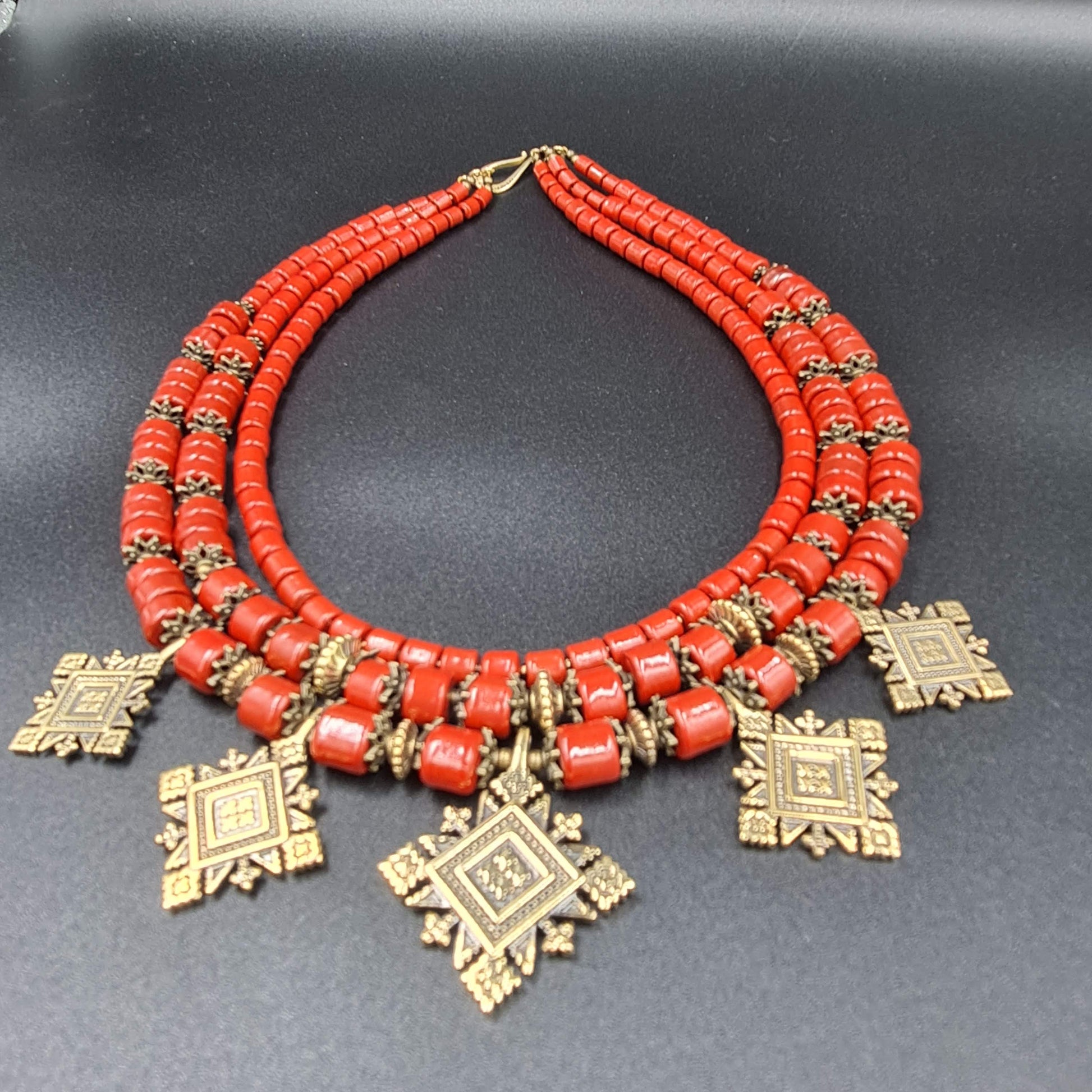 3-row Red Necklace from Kosiv Ceramics with Brass Zgardas