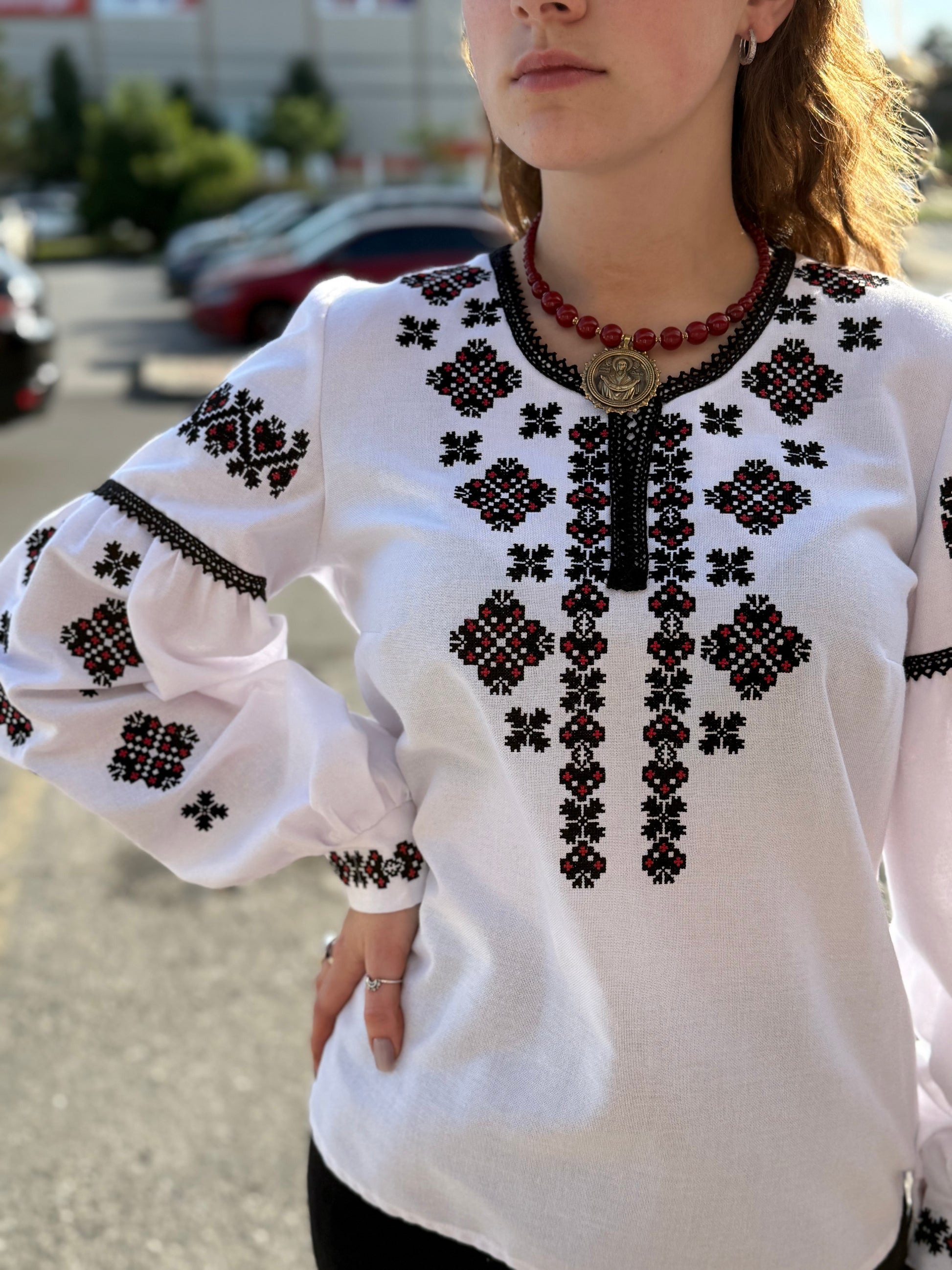 Women’s Embroidered Shirt "Heart" – White Ukrainian Vyshyvanka with Red and Black Embroidery