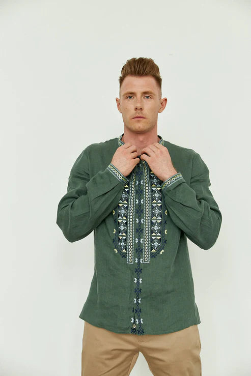 Men’s Embroidered Shirt "Emerald" – Green Ukrainian Vyshyvanka