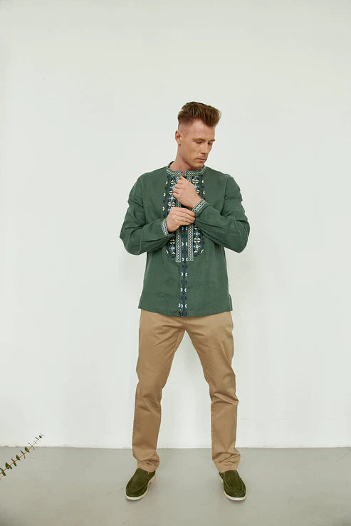 Men’s Embroidered Shirt "Emerald" – Green Ukrainian Vyshyvanka