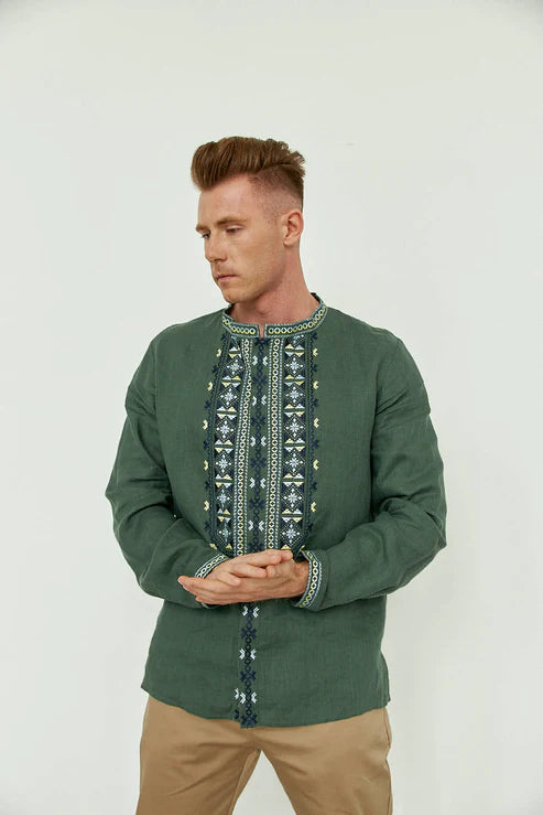 Men’s Embroidered Shirt "Emerald" – Green Ukrainian Vyshyvanka