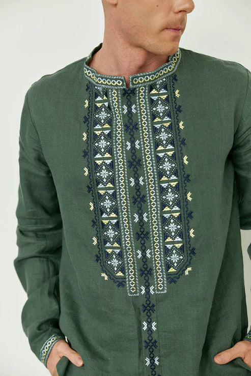 Men’s Embroidered Shirt "Emerald" – Green Ukrainian Vyshyvanka