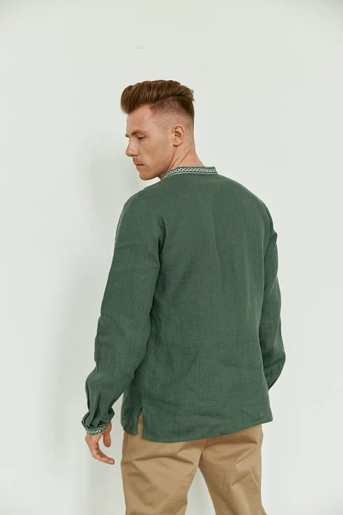 Men’s Embroidered Shirt "Emerald" – Green Ukrainian Vyshyvanka