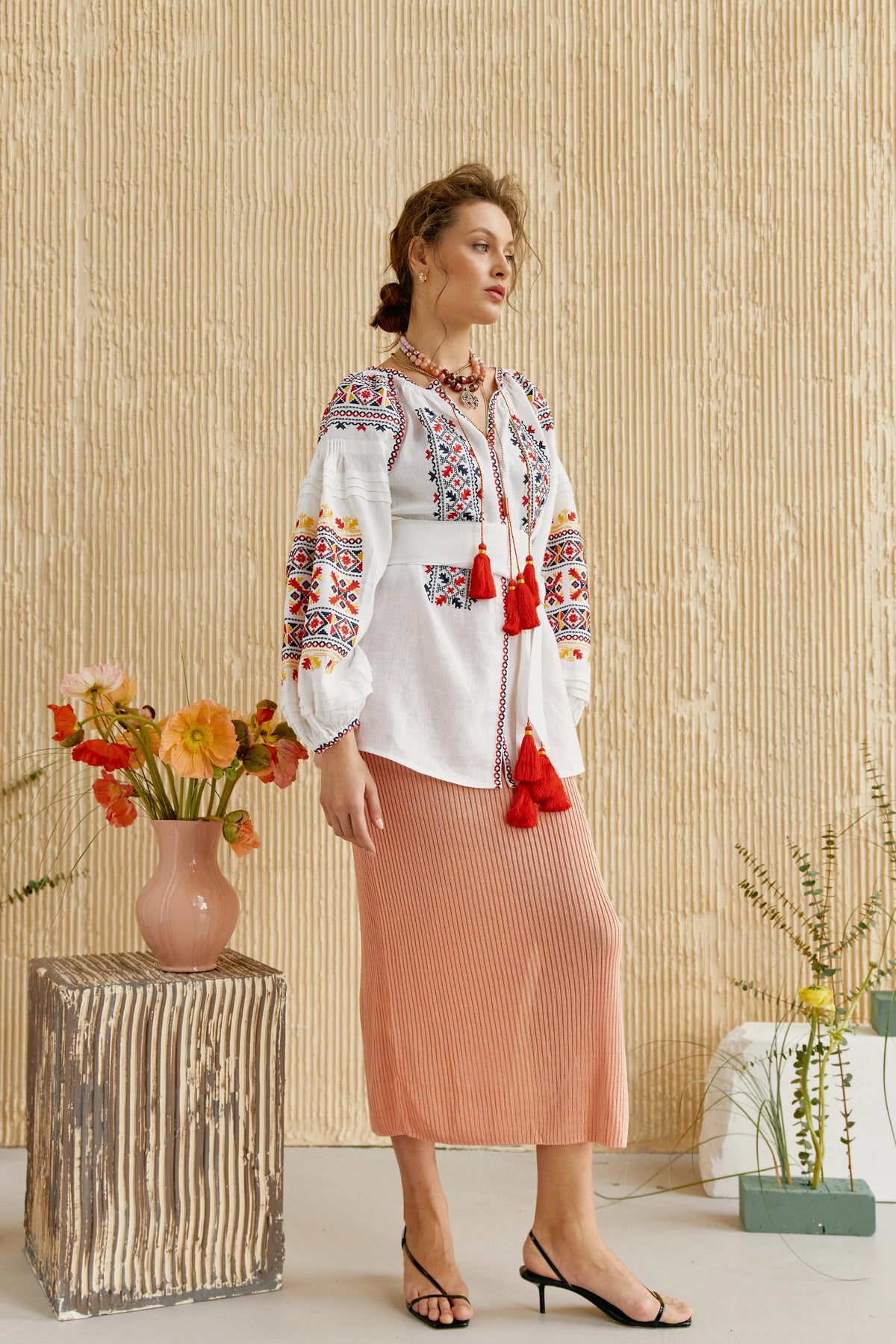Lora Linen Embroidered Blouse with Belt