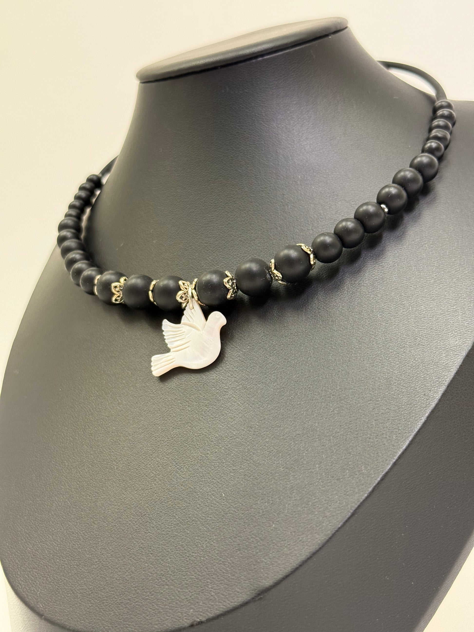 Black Onyx Choker with a White Bird