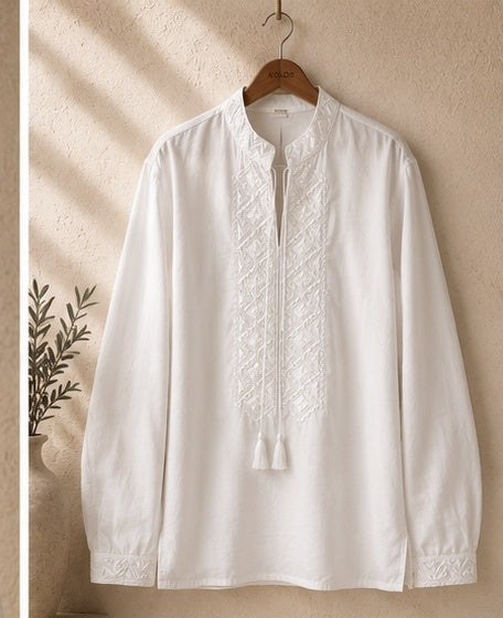 Men’s White-on-White Cotton Embroidered Shirt