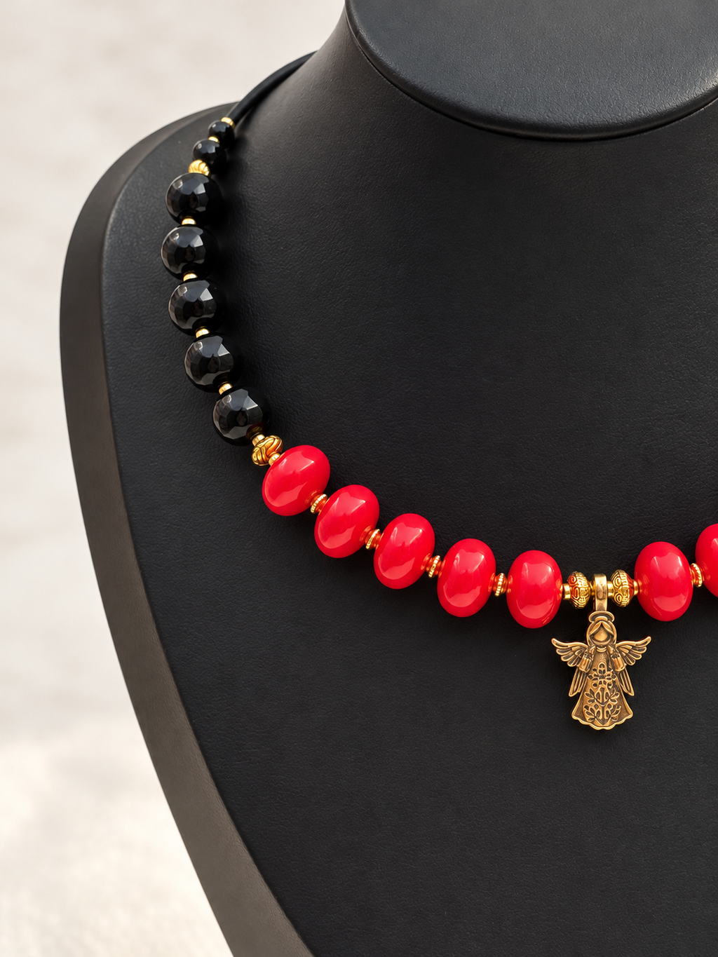 “Angel” Red & Black Glass Bead Choker with Brass Pendant