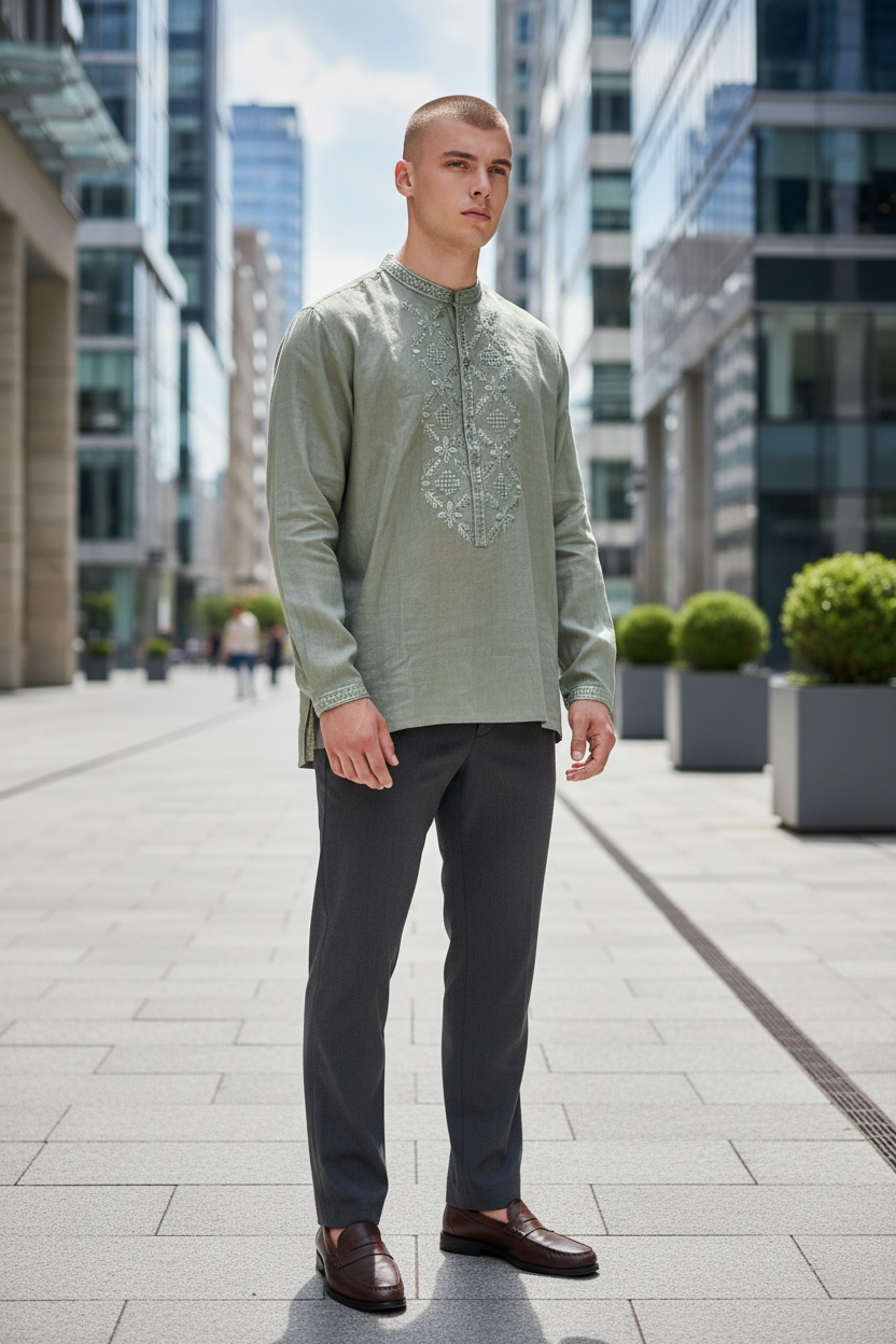 Men’s Khaki Linen Embroidered Shirt