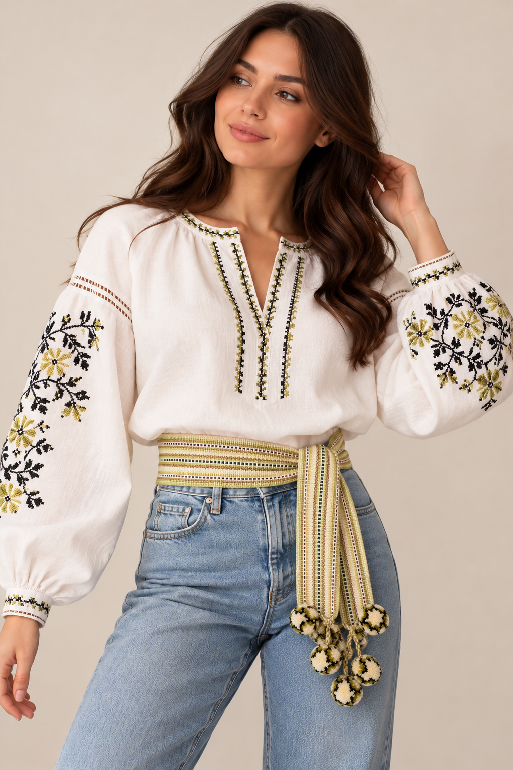 Traditional Women’s Ukrainian Kraika with Tassels  Beige-Green Colours