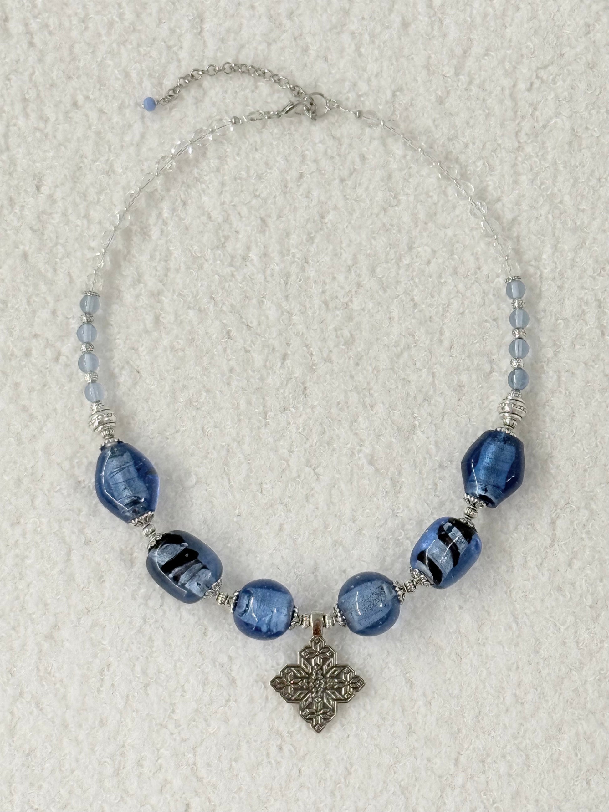 Blue Murano Glass Necklace with Symbolic German Silver Pendant