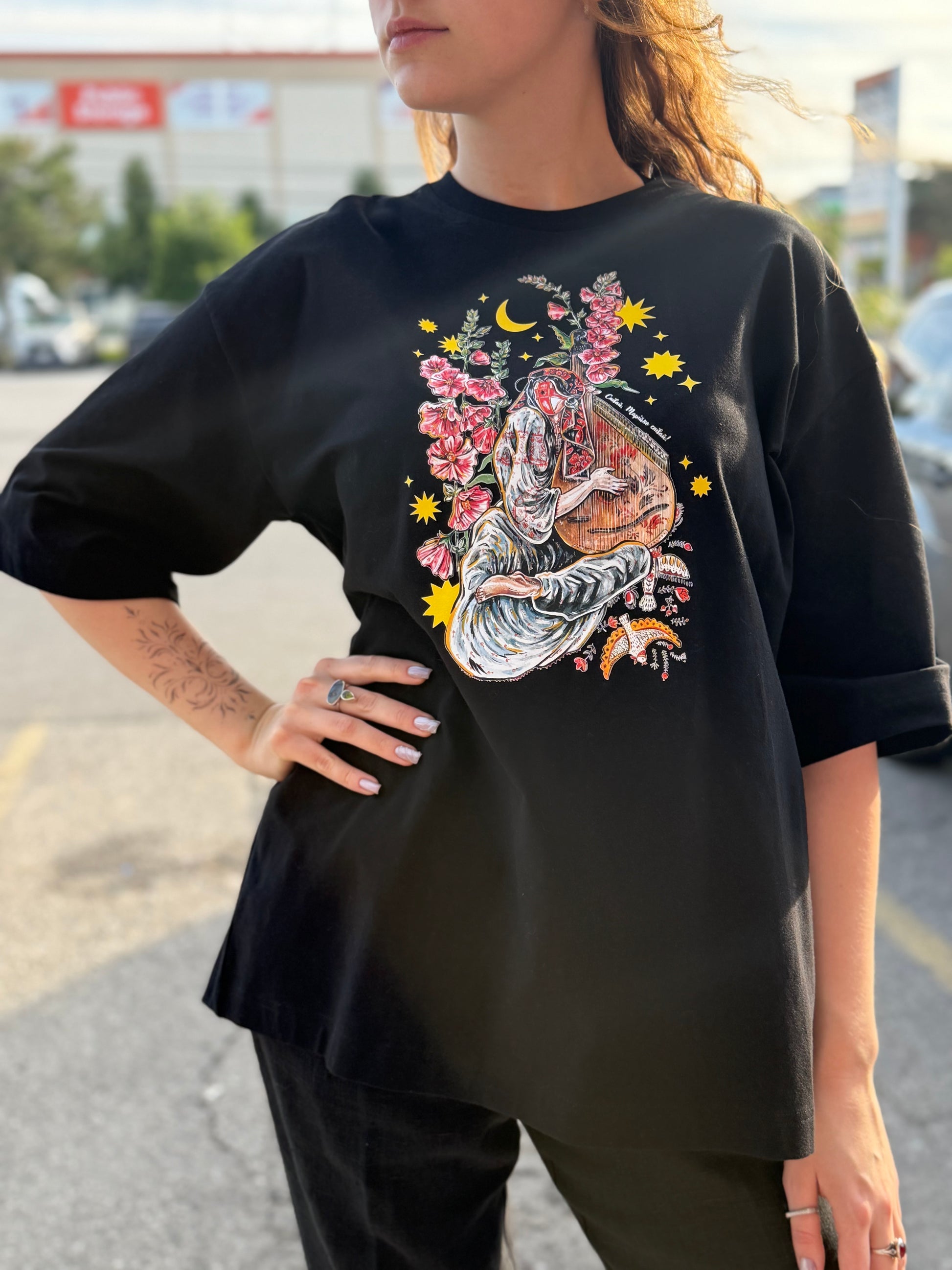 T-Shirt with Ukrainian Print Motanka with Bandura Black