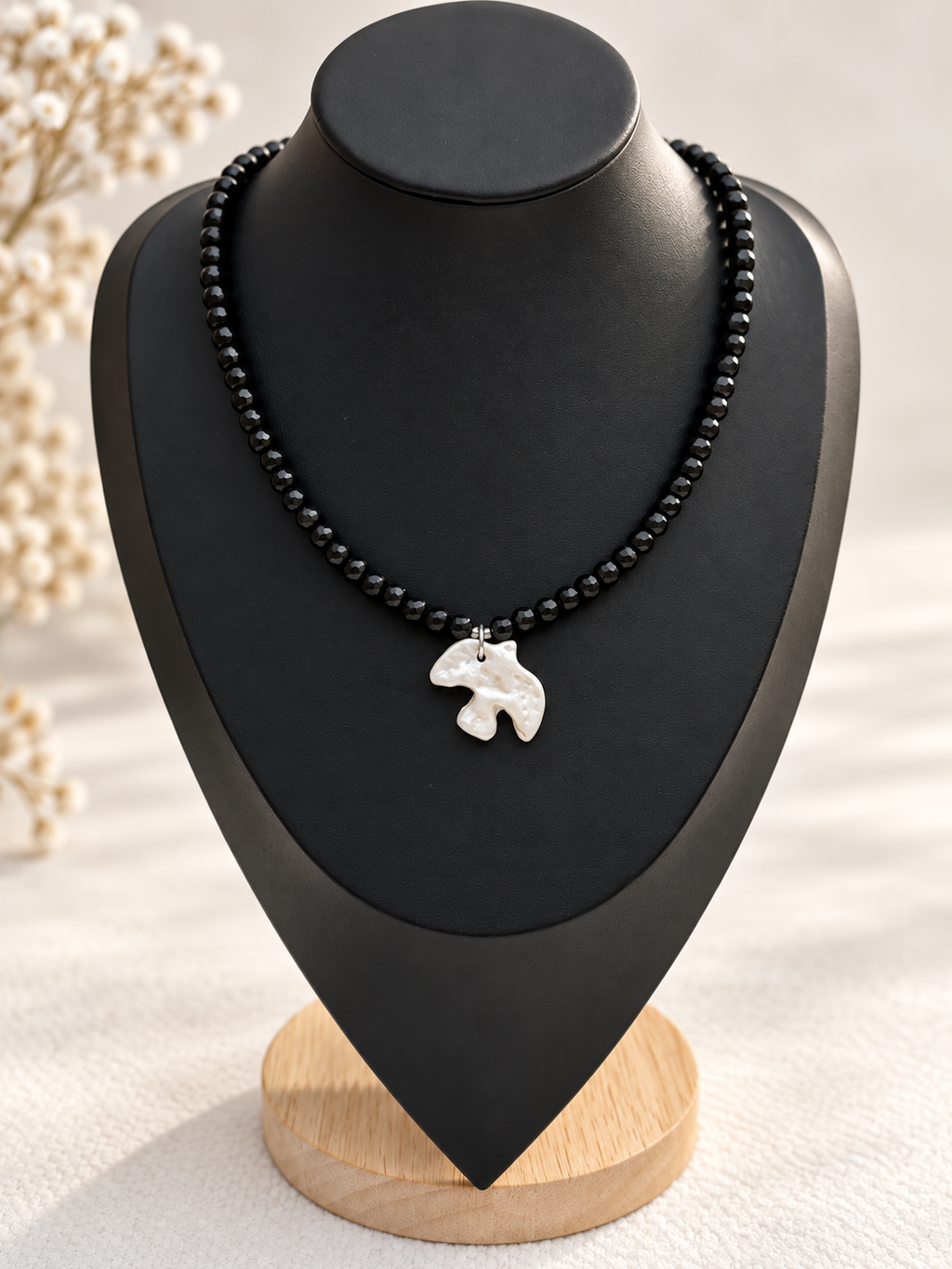Black Glass Bead Necklace with Handmade Ceramic Bird Pendant
