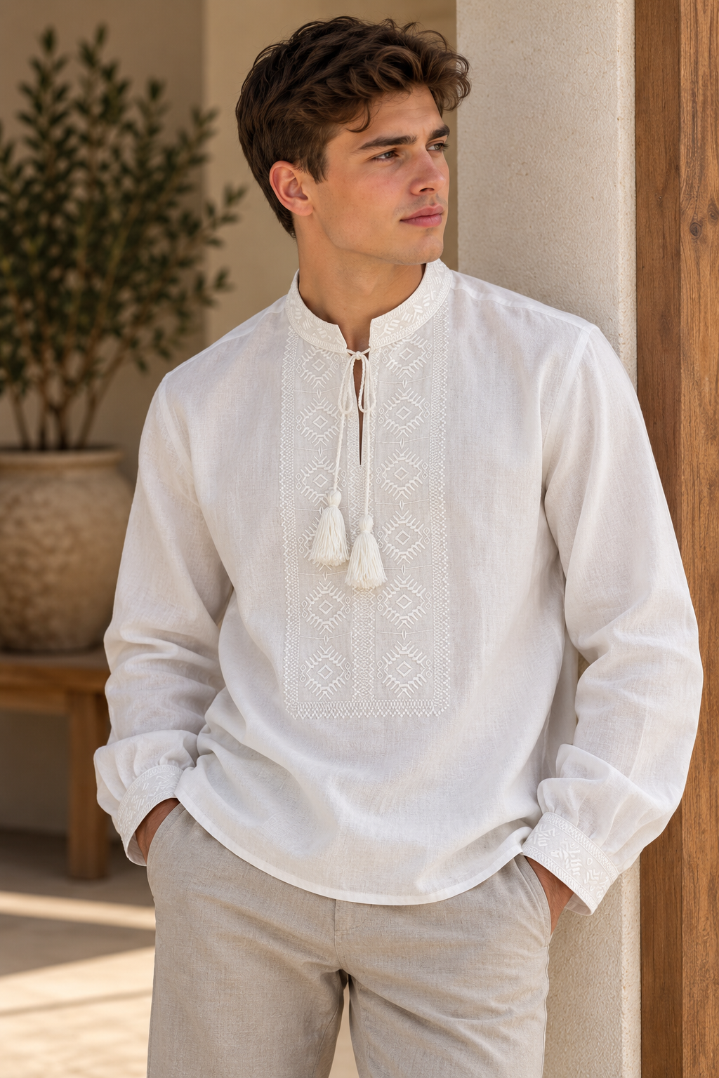 Men's White Ukrainian Vyshyvanka with White Geometric Embroidery