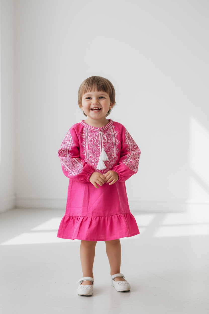 Girls Pink Viscose Vyshyvanka Dress Long Sleeve In Ukrainian Traditions