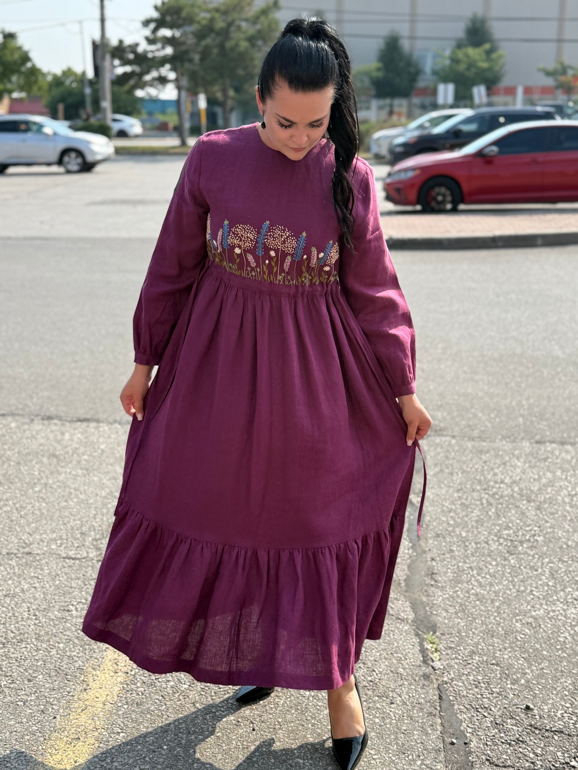 Linen Maxi Dress with Hand Embroidery of Wildflowers