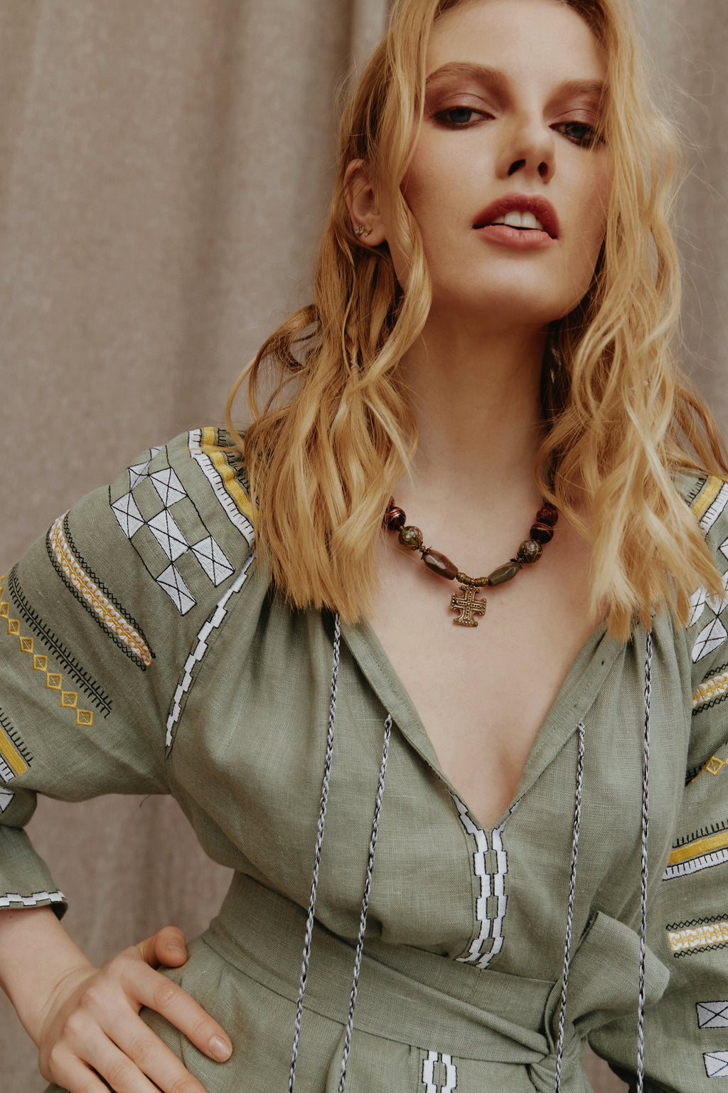“Aurora” Embroidered Linen Maxi Dress