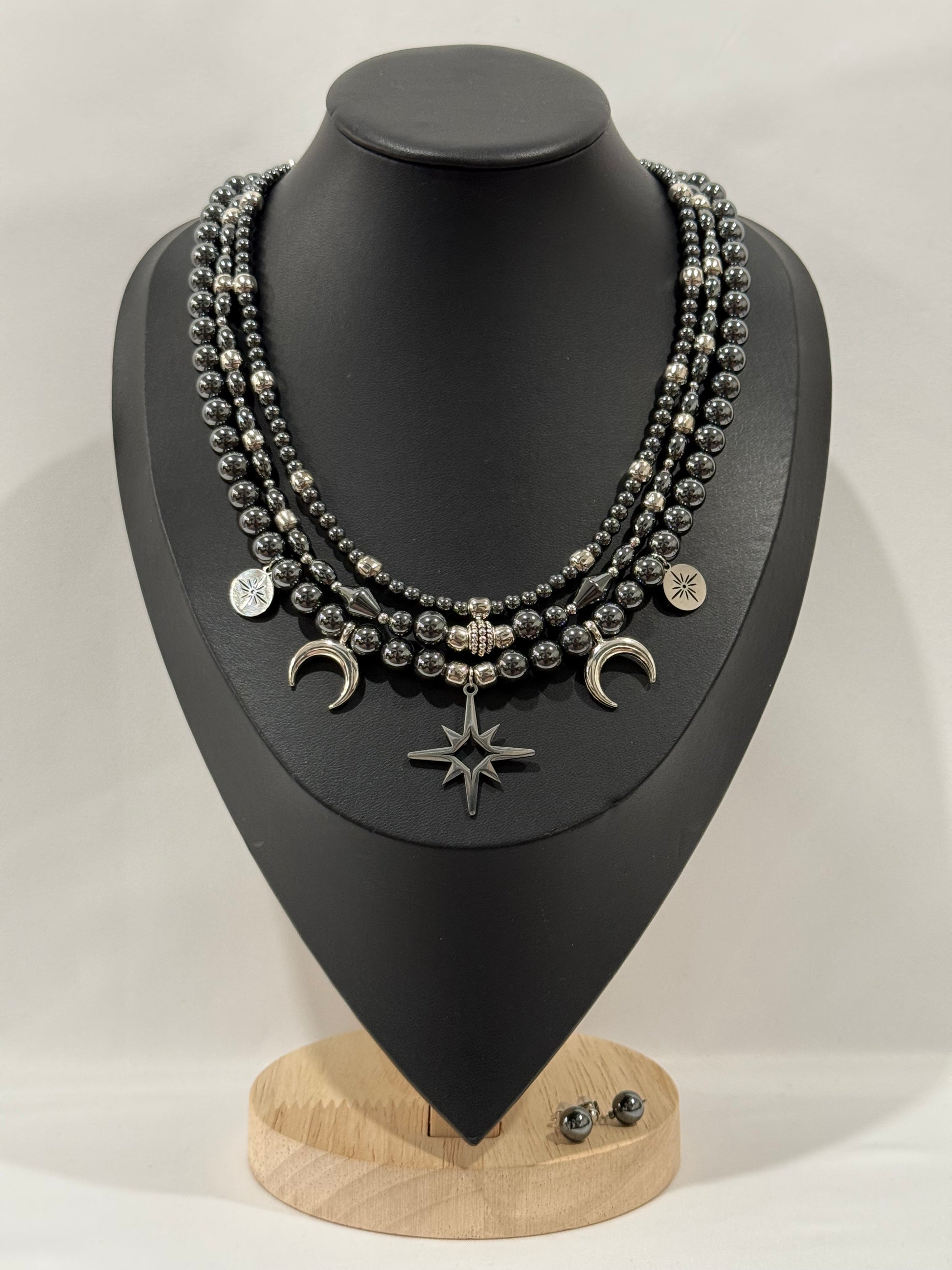 Triple-Strand Necklace with Metal Beads and “Starry Night” Pendants with Earrings | Three Strands