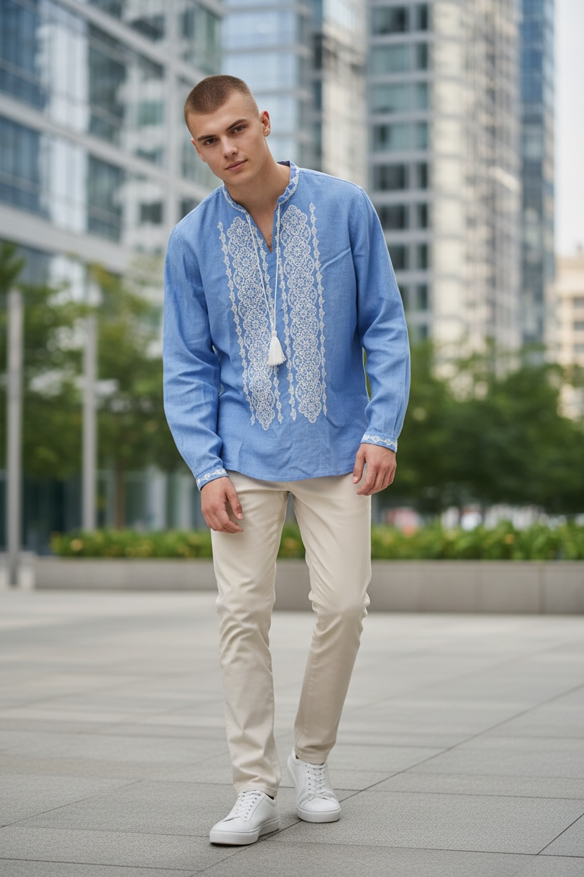 Men’s Blue Linen Shirt with White Embroidery