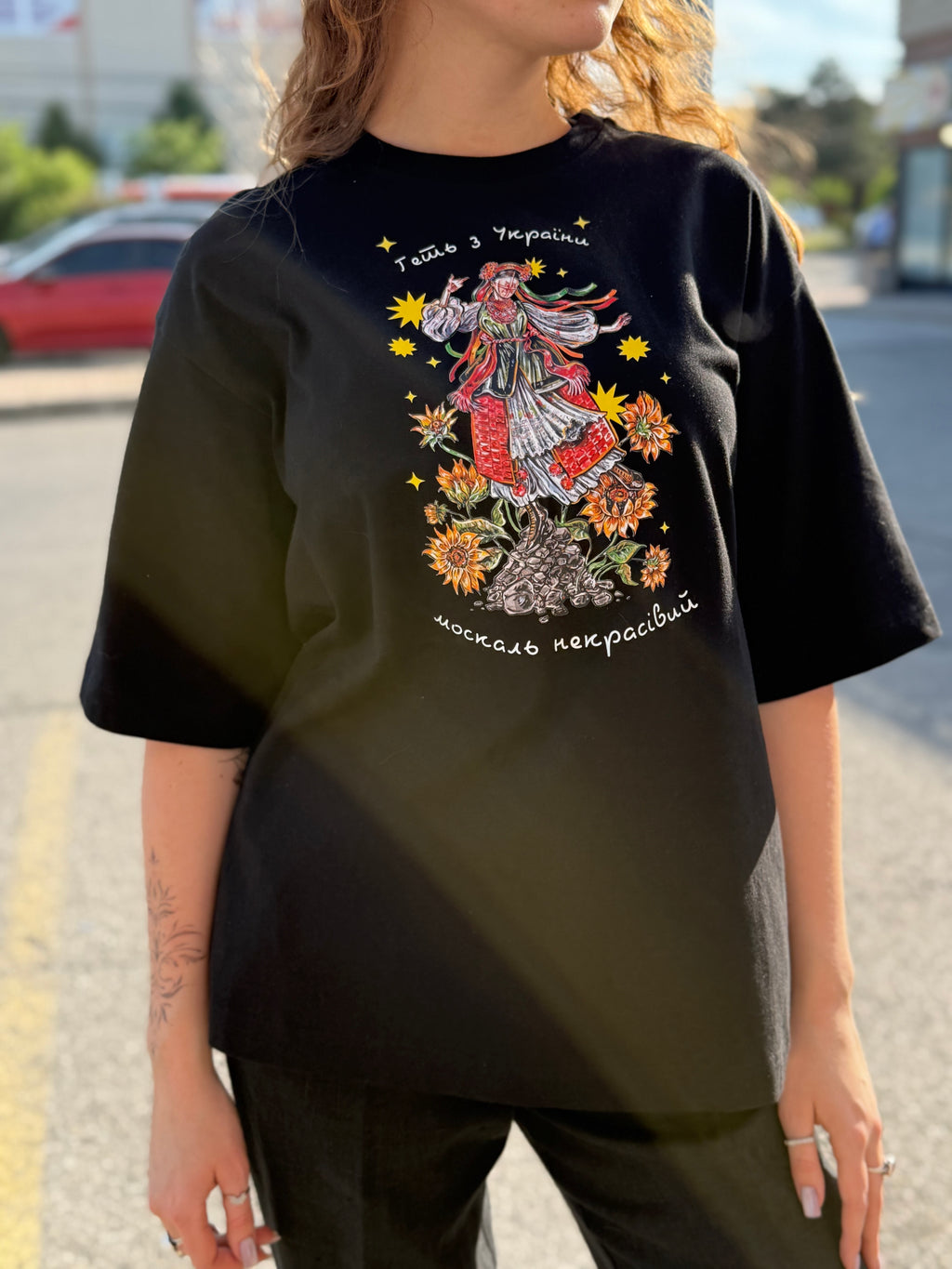 T-Shirt with Ukrainian Print Motanka Black