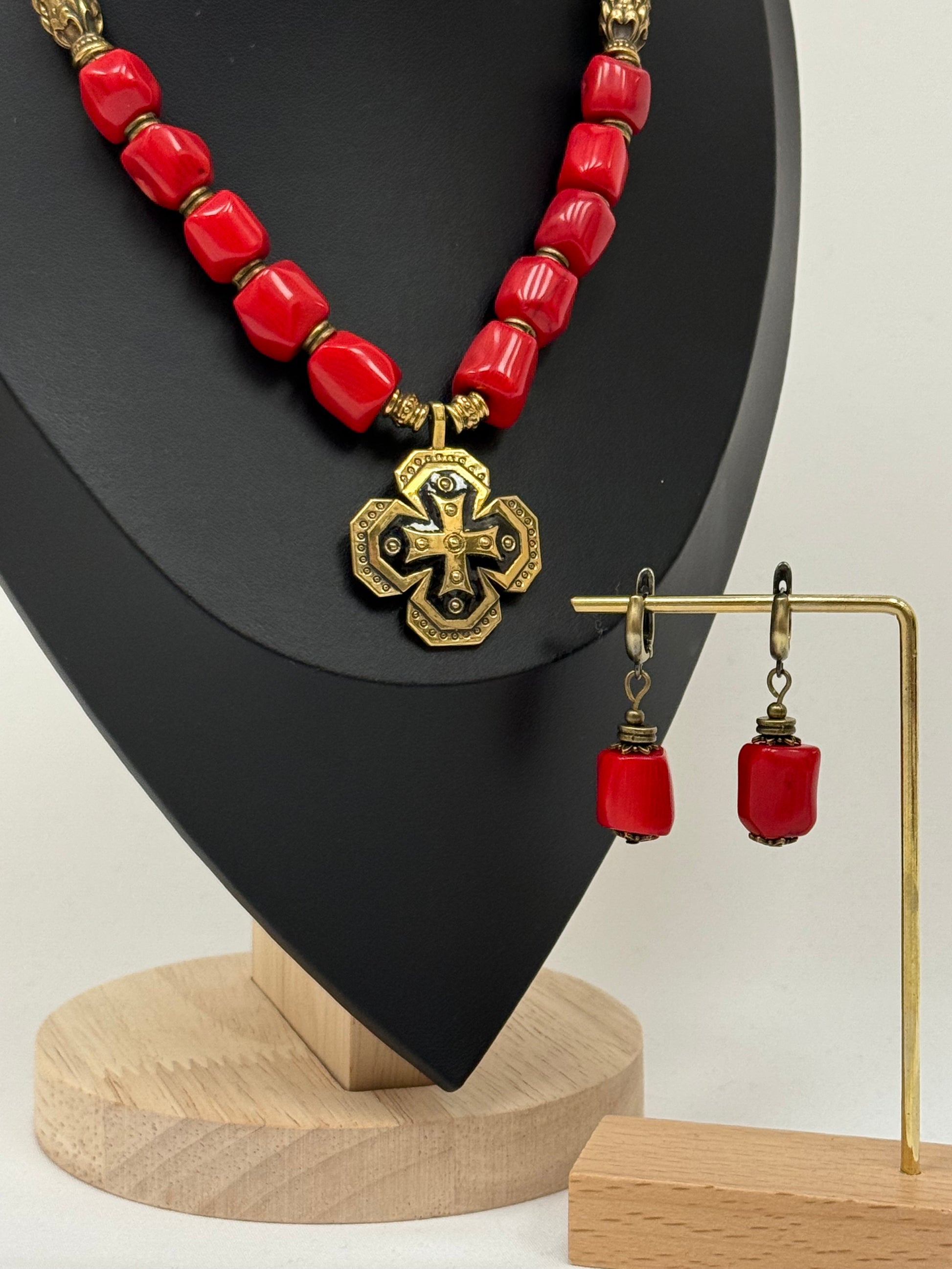 Single-Strand Necklace – Red Coral with Brass Cross Pendant