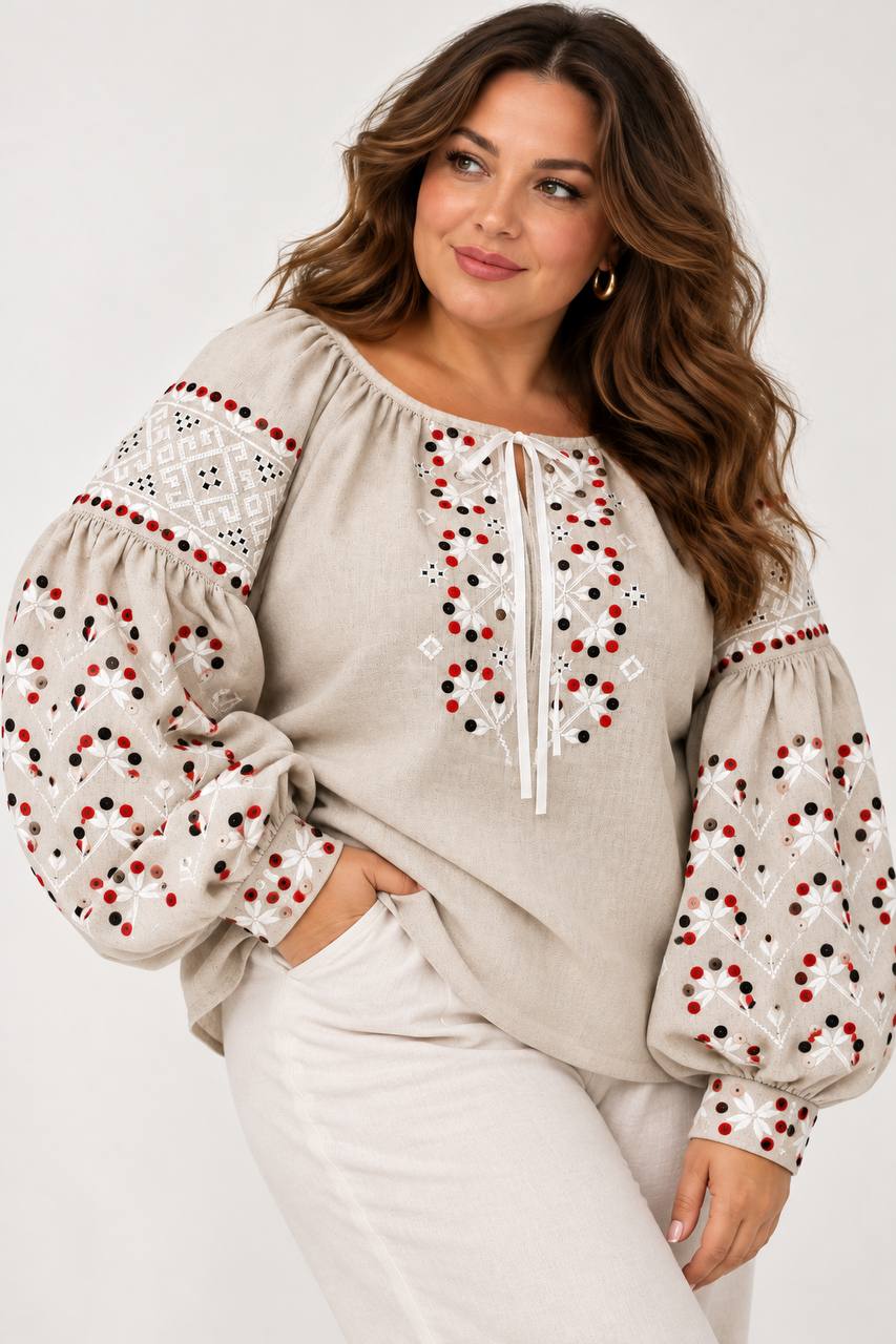Women's Natural Beige Linen Vyshyvanka with Red & Black Embroidery